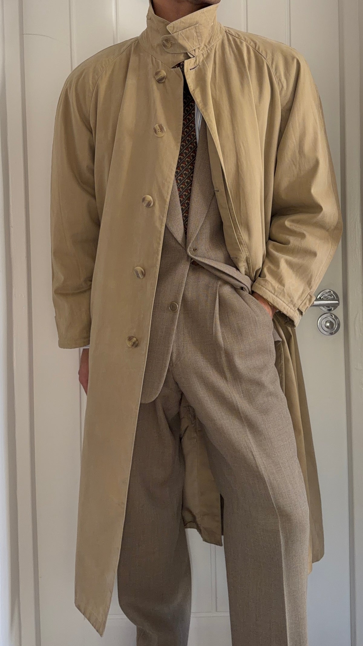 Giorgio Armani 1980s Taupe Beige Padded Cotton Balmacaan Overcoat - Size XL