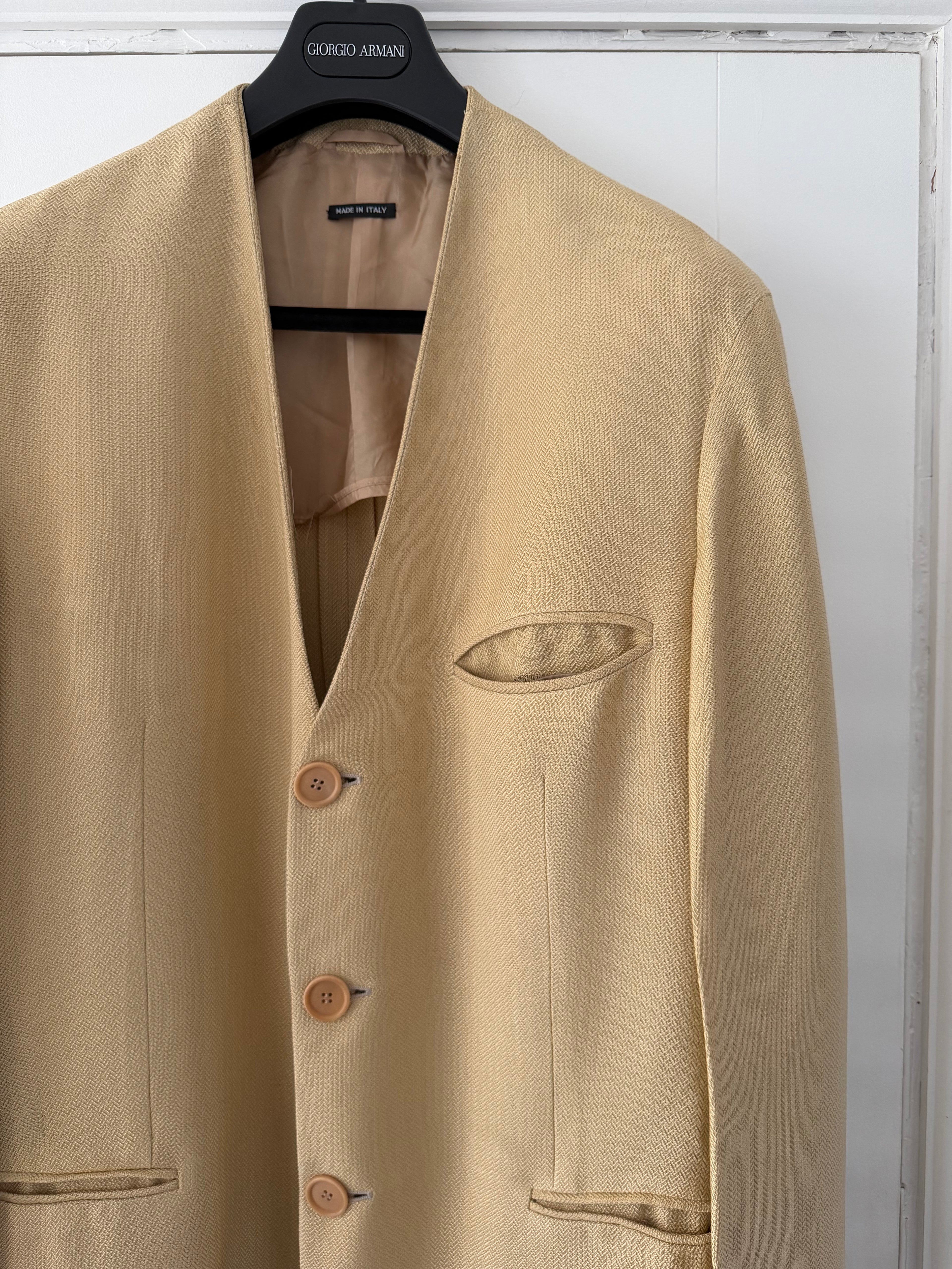 Giorgio Armani Black Label 1995 3B Viscose Collarless Draped Taupe Beige Jacket - Size L