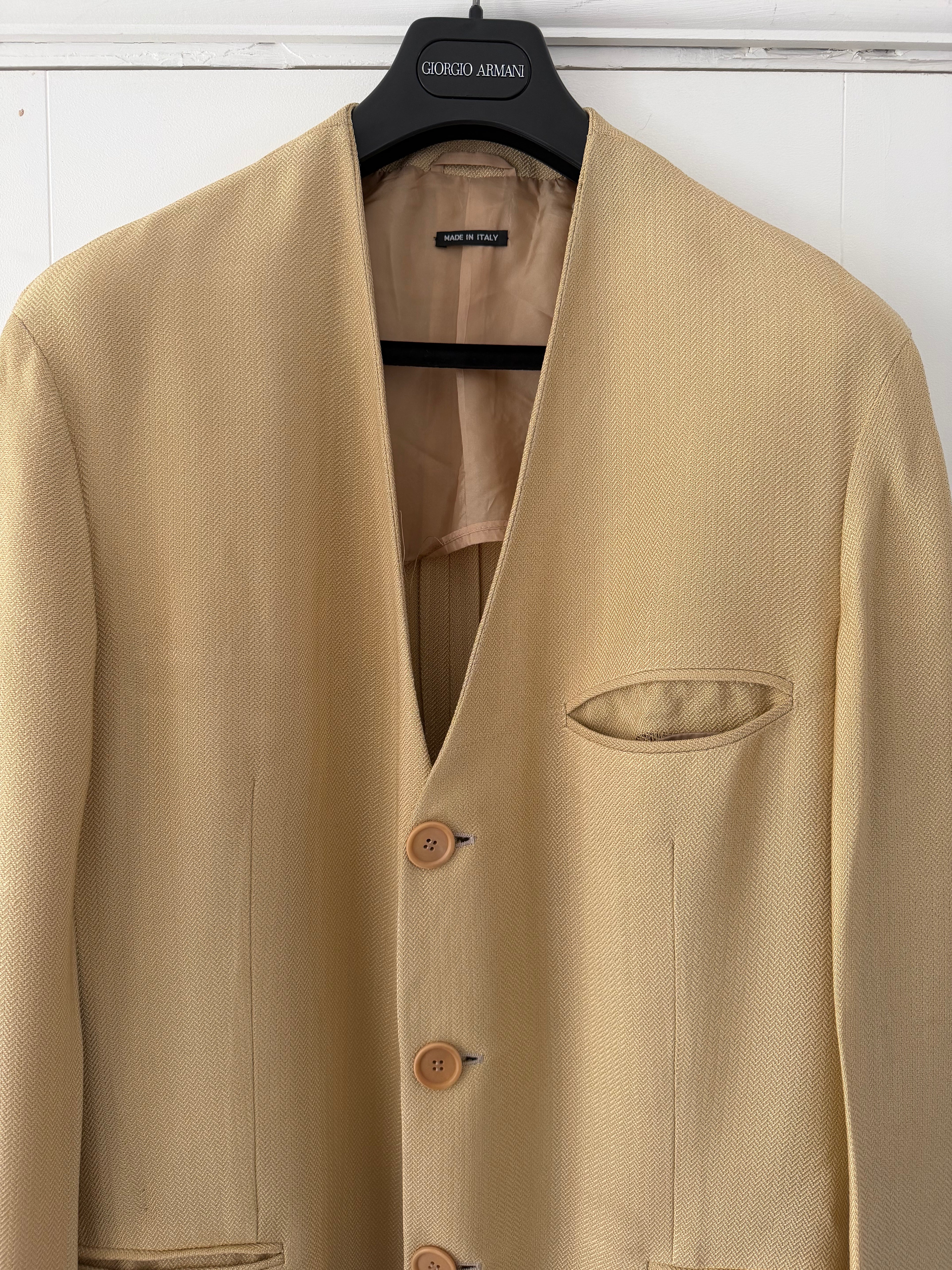 Giorgio Armani Black Label 1995 3B Viscose Collarless Draped Taupe Beige Jacket - Size L