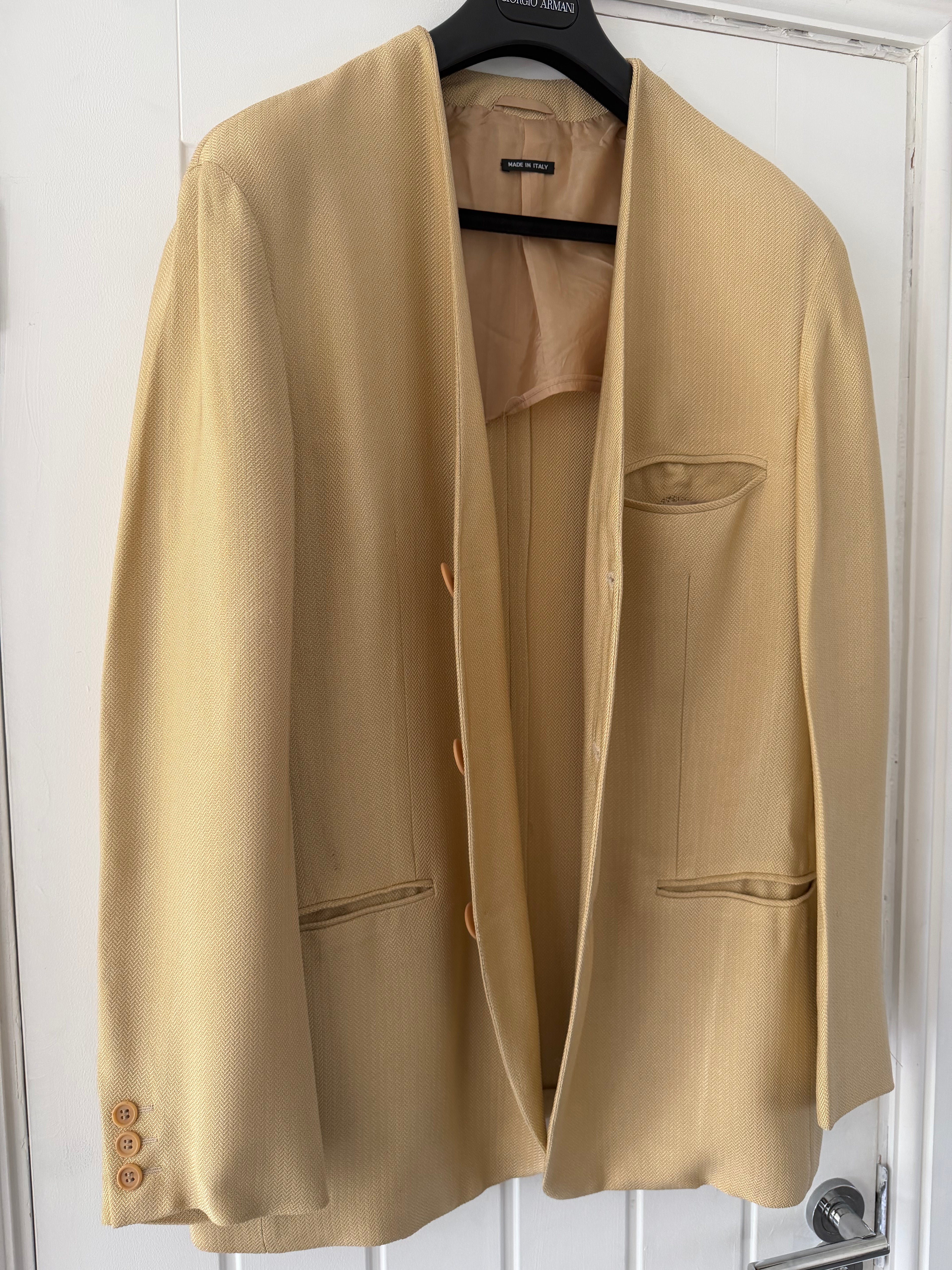 Giorgio Armani Black Label 1995 3B Viscose Collarless Draped Taupe Beige Jacket - Size L
