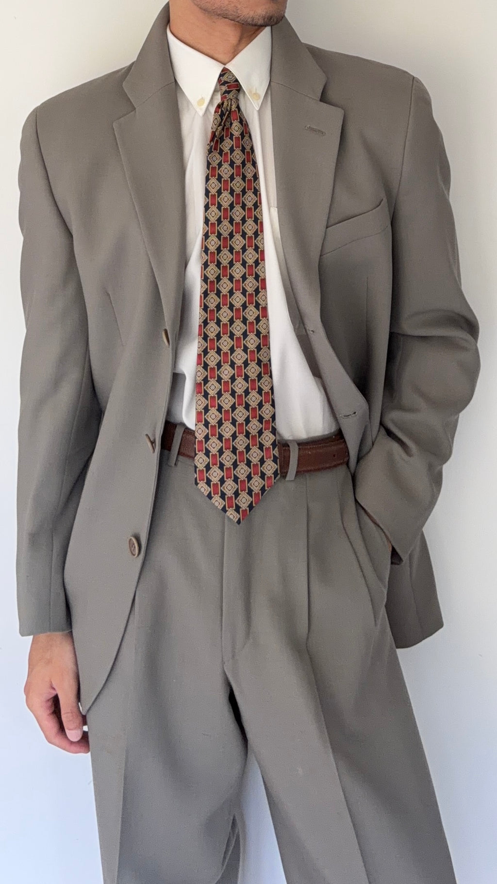 Emporio Armani 1990s 3B Draped Pleated Wool Suit Taupe Sage - Size S Jacket / 28" Waist
