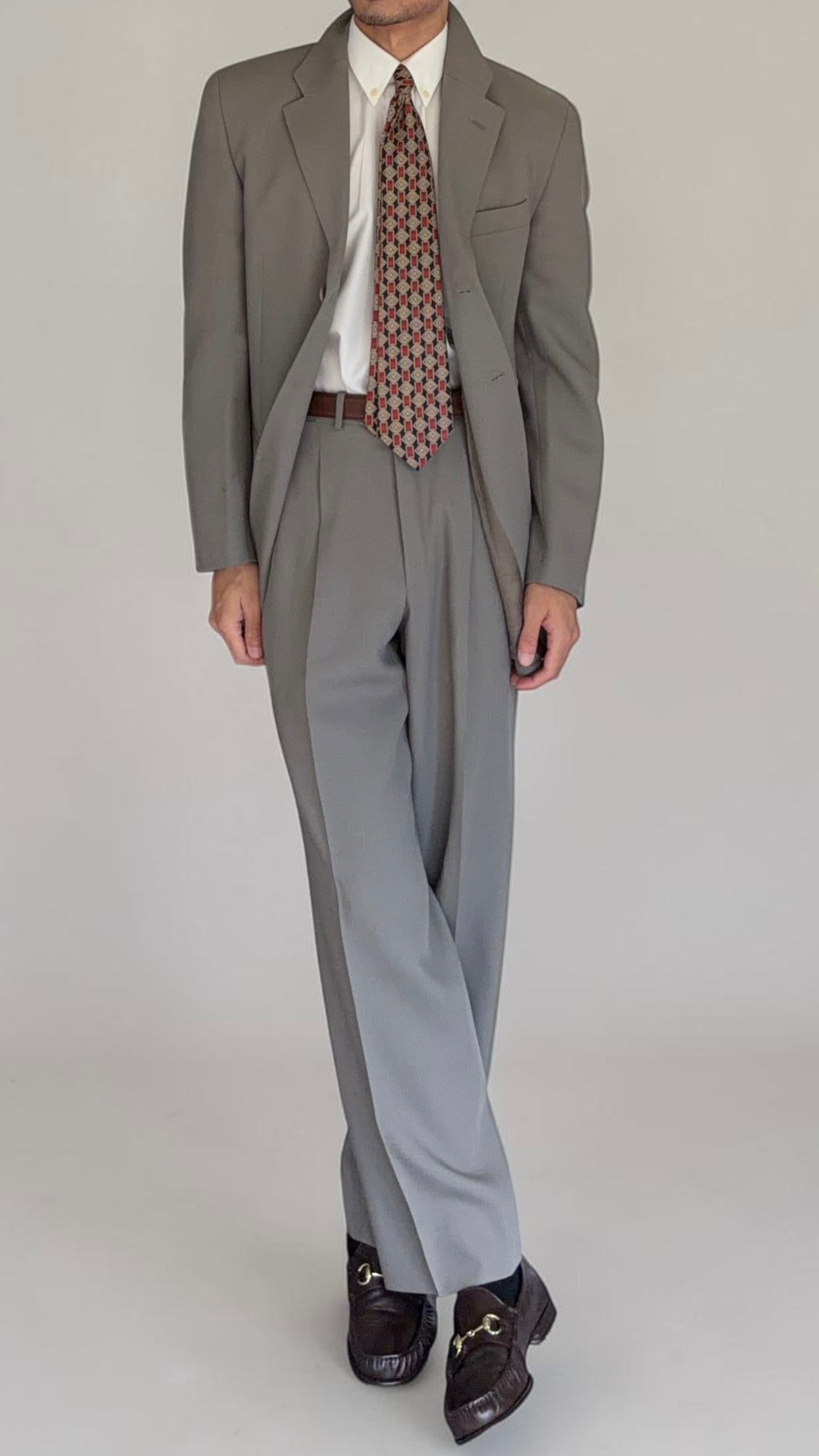 Emporio Armani 1990s 3B Draped Pleated Wool Suit Taupe Sage - Size S Jacket / 28" Waist