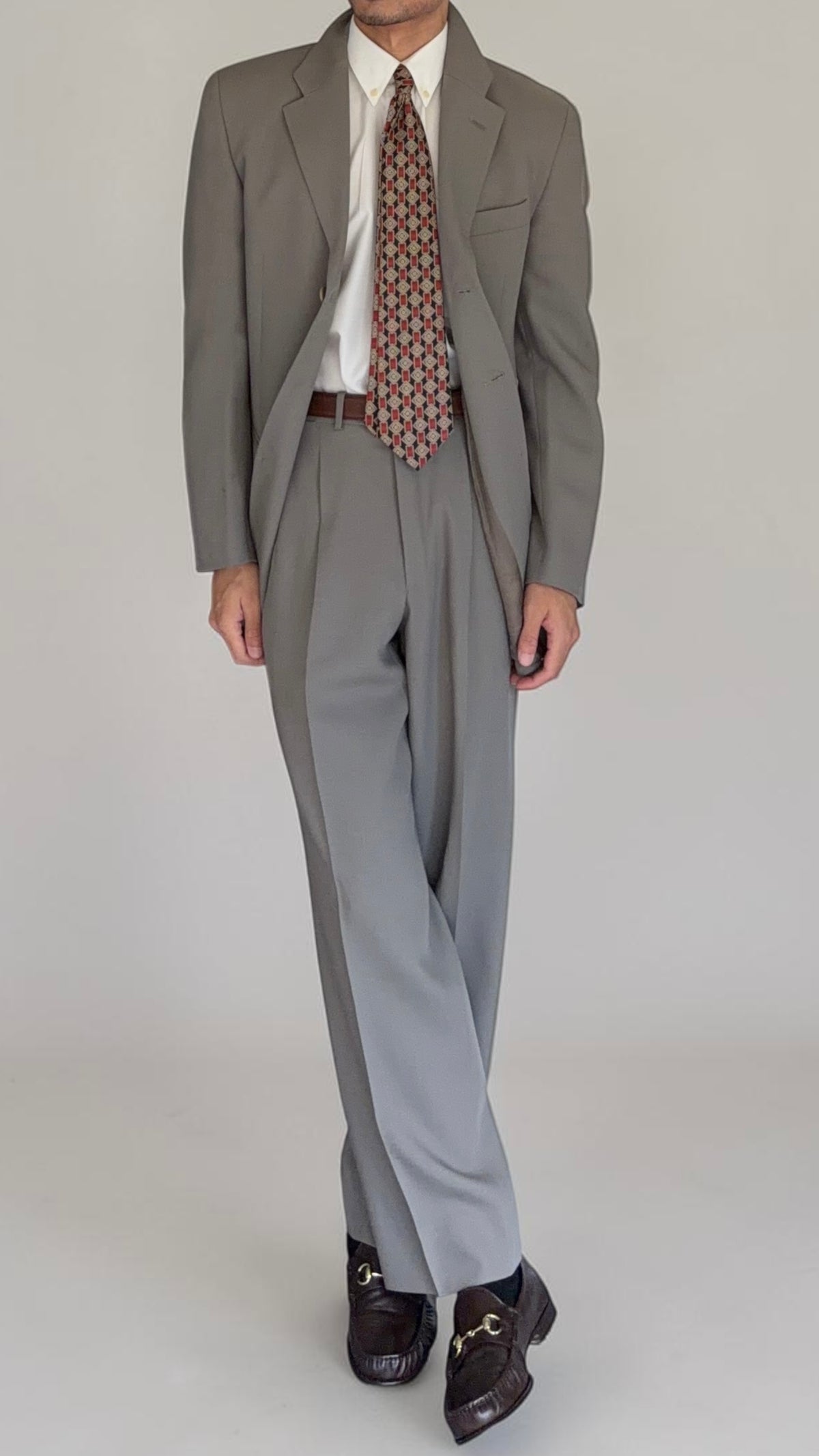 Emporio Armani 1990s 3B Draped Pleated Wool Suit Taupe Sage - Size S Jacket / 28" Waist