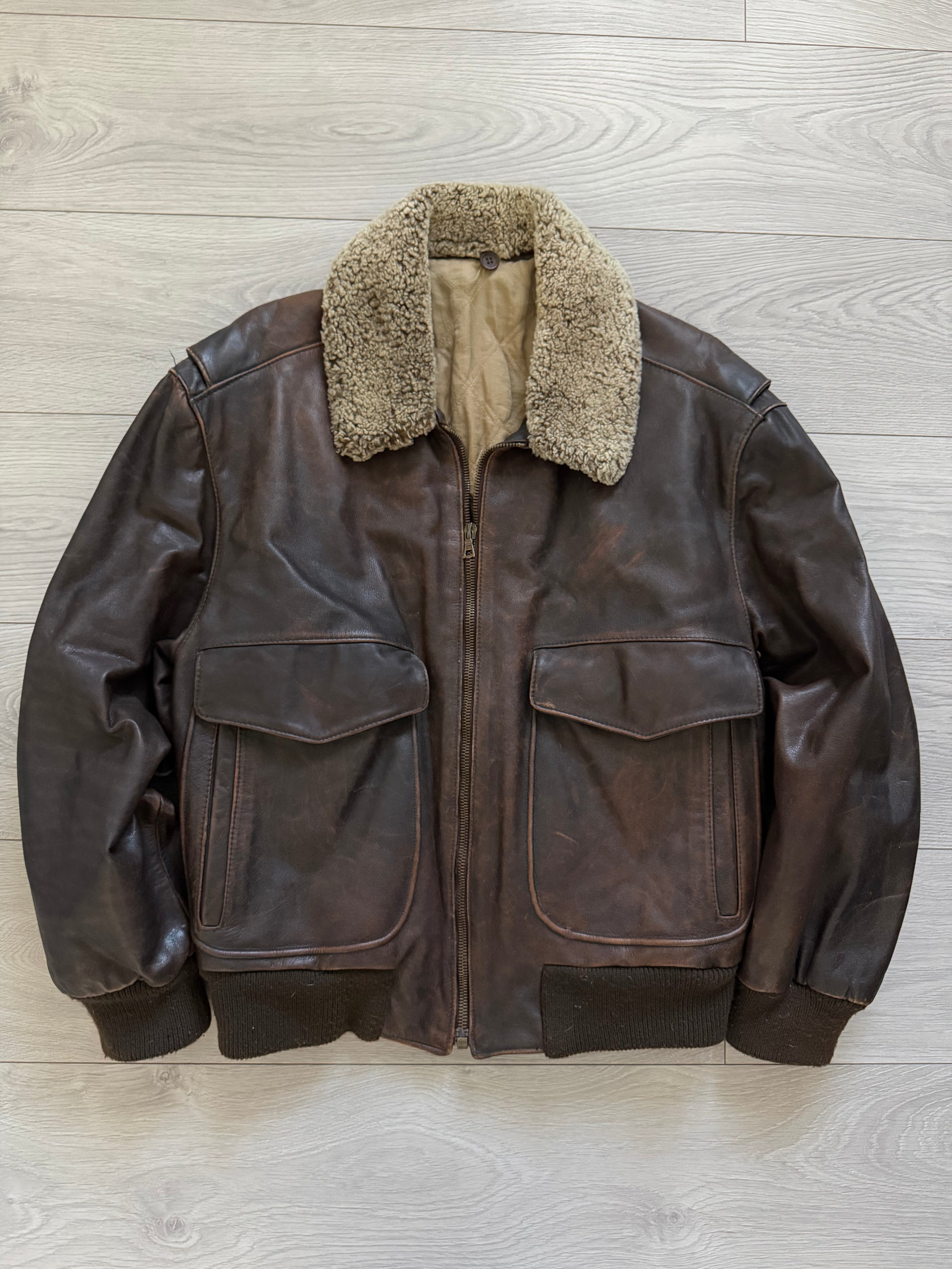 Hugo Boss 1980s Aviator Patina Leather Panelled Flight Bomber Jacket  - Size L