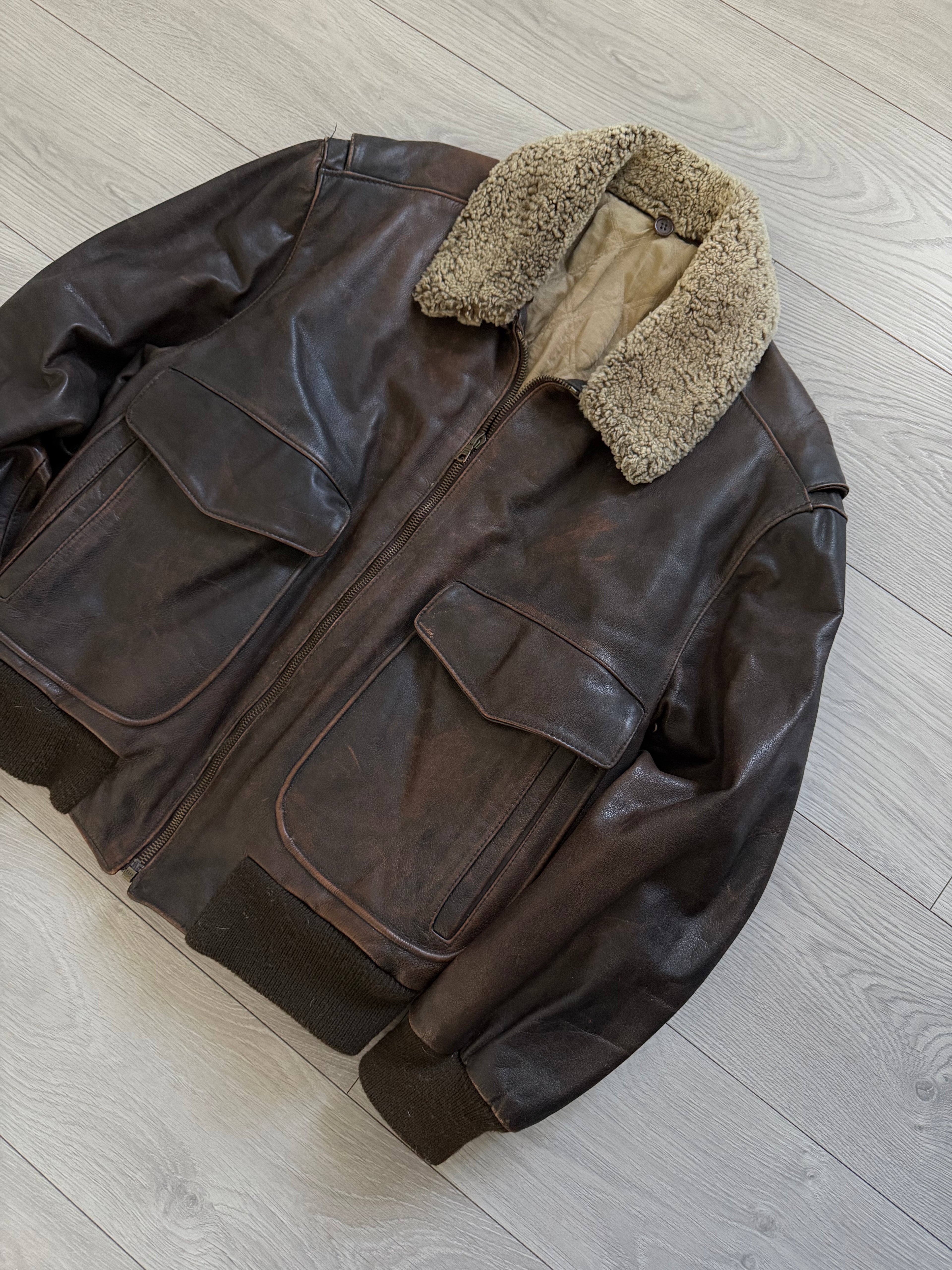 Hugo Boss 1980s Aviator Patina Leather Panelled Flight Bomber Jacket  - Size L
