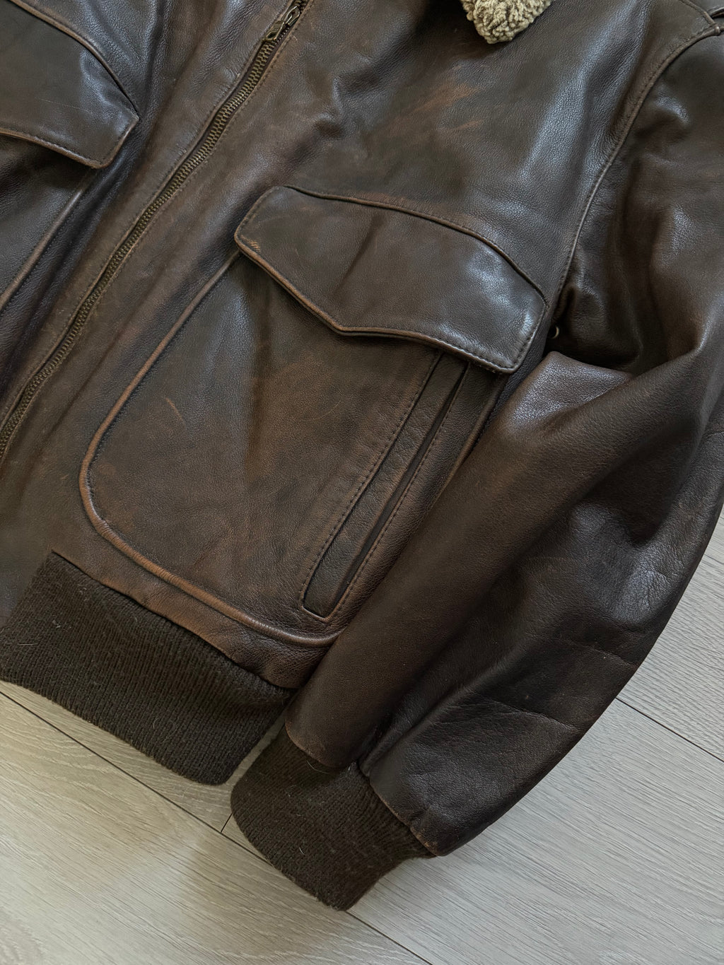 Hugo Boss 1980s Aviator Patina Leather Panelled Flight Bomber Jacket  - Size L