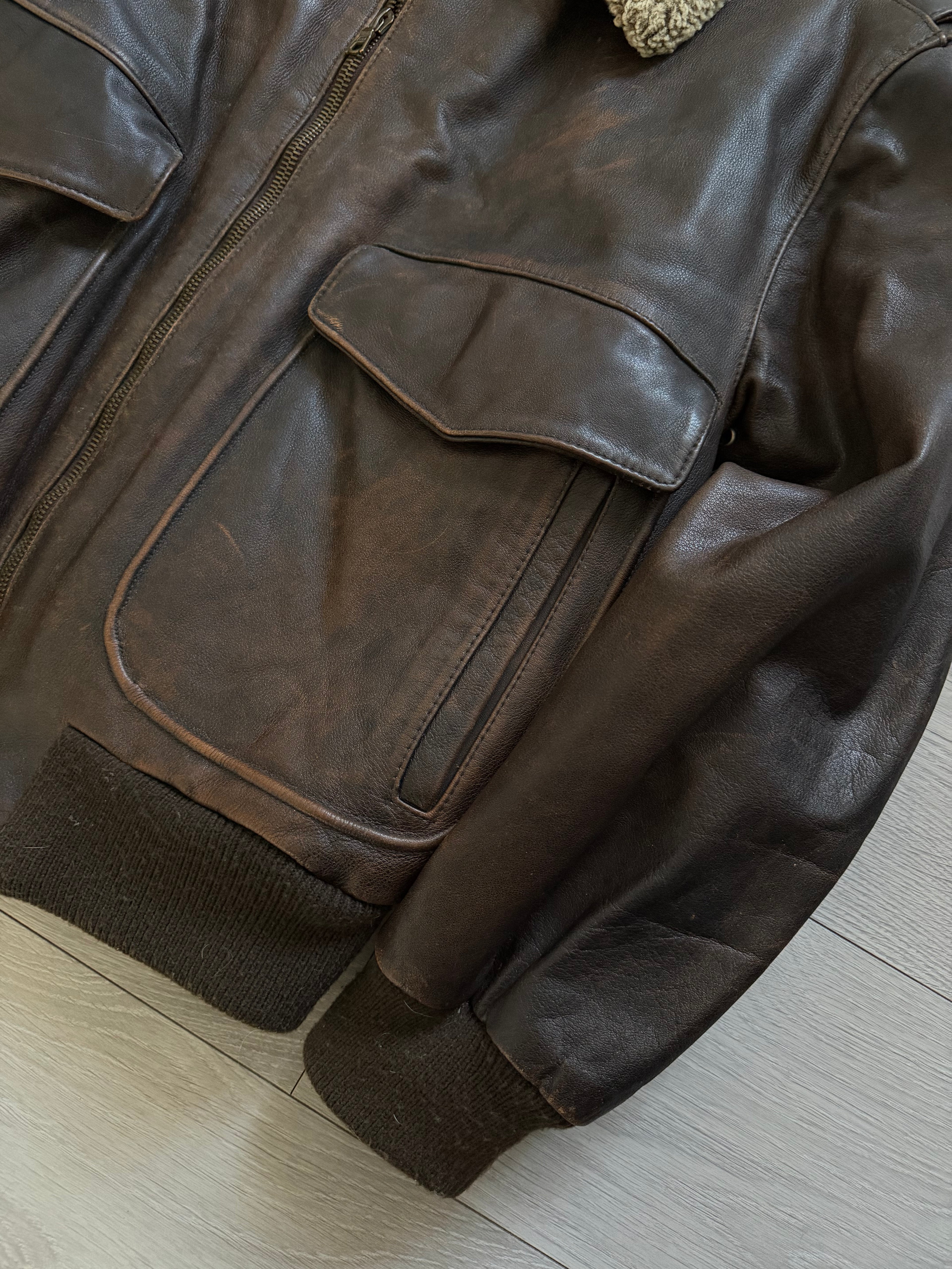 Hugo Boss 1980s Aviator Patina Leather Panelled Flight Bomber Jacket  - Size L
