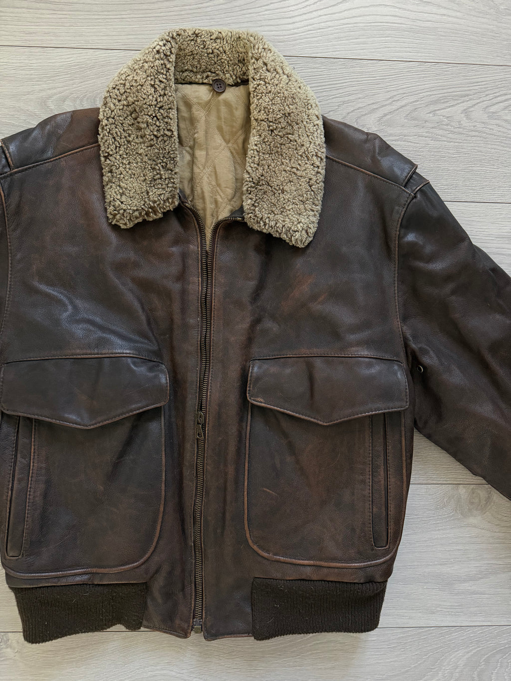 Hugo Boss 1980s Aviator Patina Leather Panelled Flight Bomber Jacket  - Size L