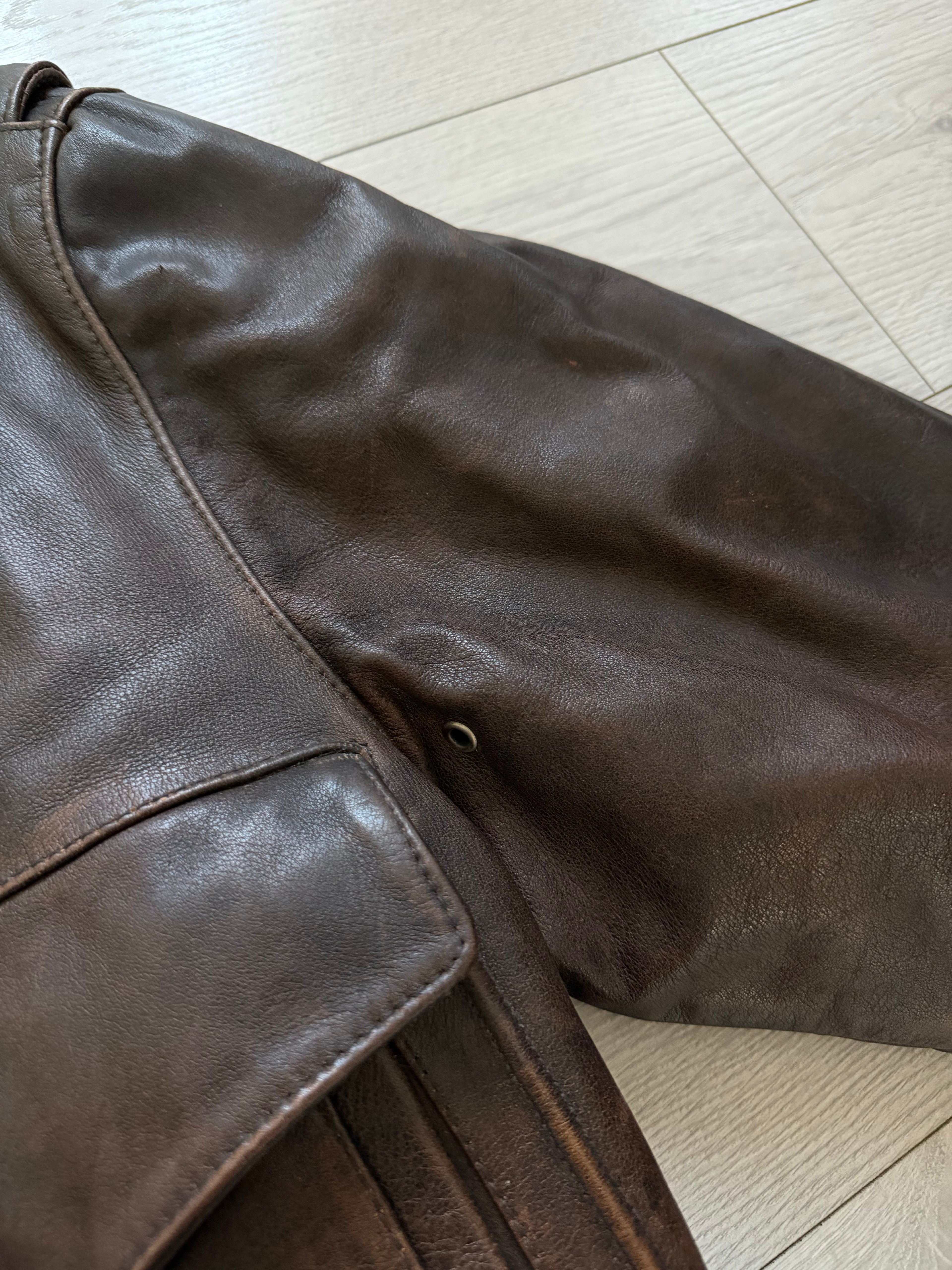 Hugo Boss 1980s Aviator Patina Leather Panelled Flight Bomber Jacket  - Size L
