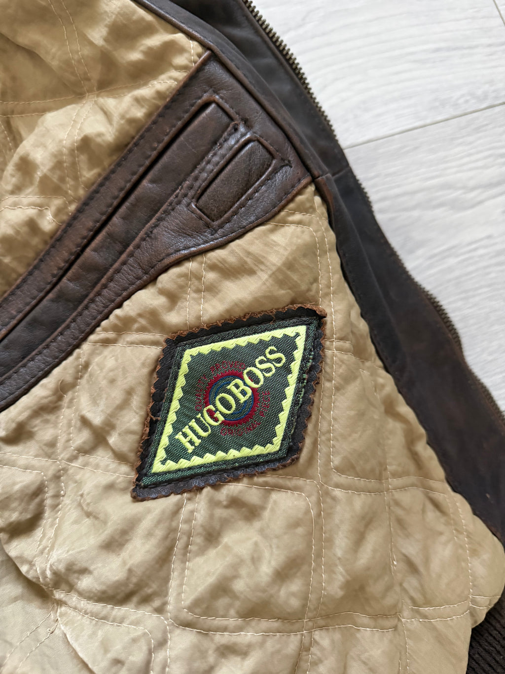 Hugo Boss 1980s Aviator Patina Leather Panelled Flight Bomber Jacket  - Size L