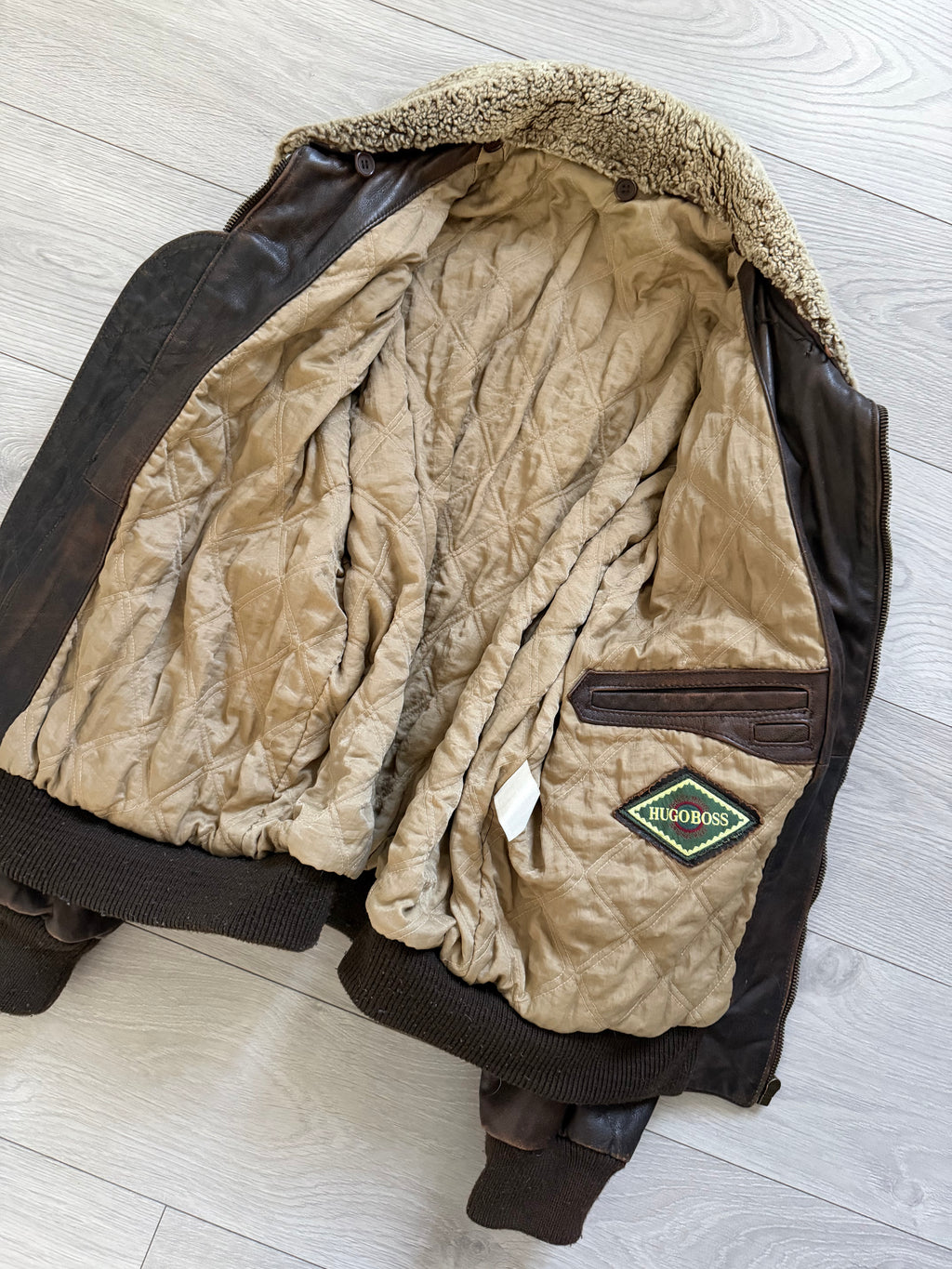 Hugo Boss 1980s Aviator Patina Leather Panelled Flight Bomber Jacket  - Size L
