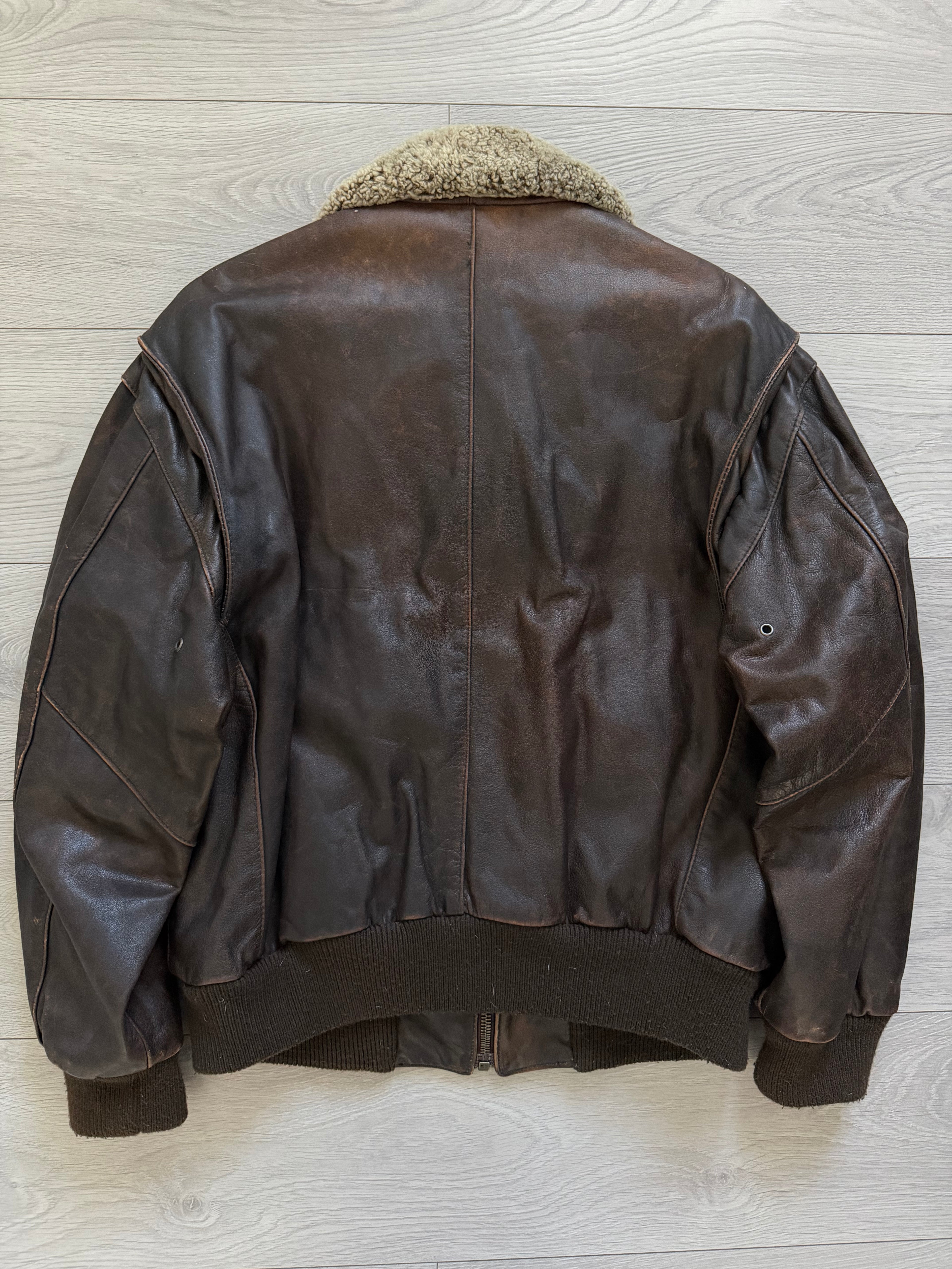 Hugo Boss 1980s Aviator Patina Leather Panelled Flight Bomber Jacket  - Size L