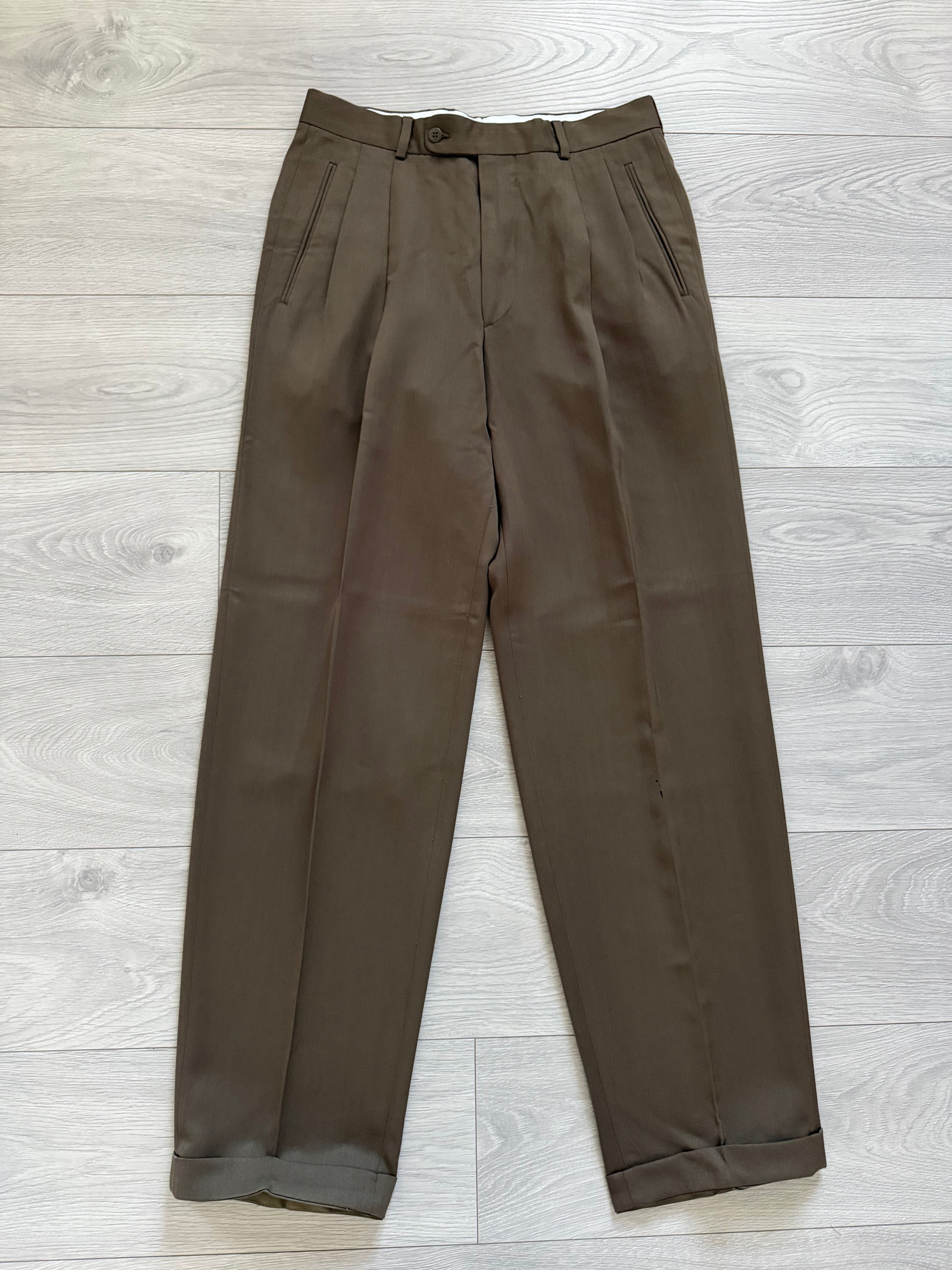 Hugo Boss 1980s Double Pleat Draped Rayon Wool Taupe Brown Pants - Size 32" Waist