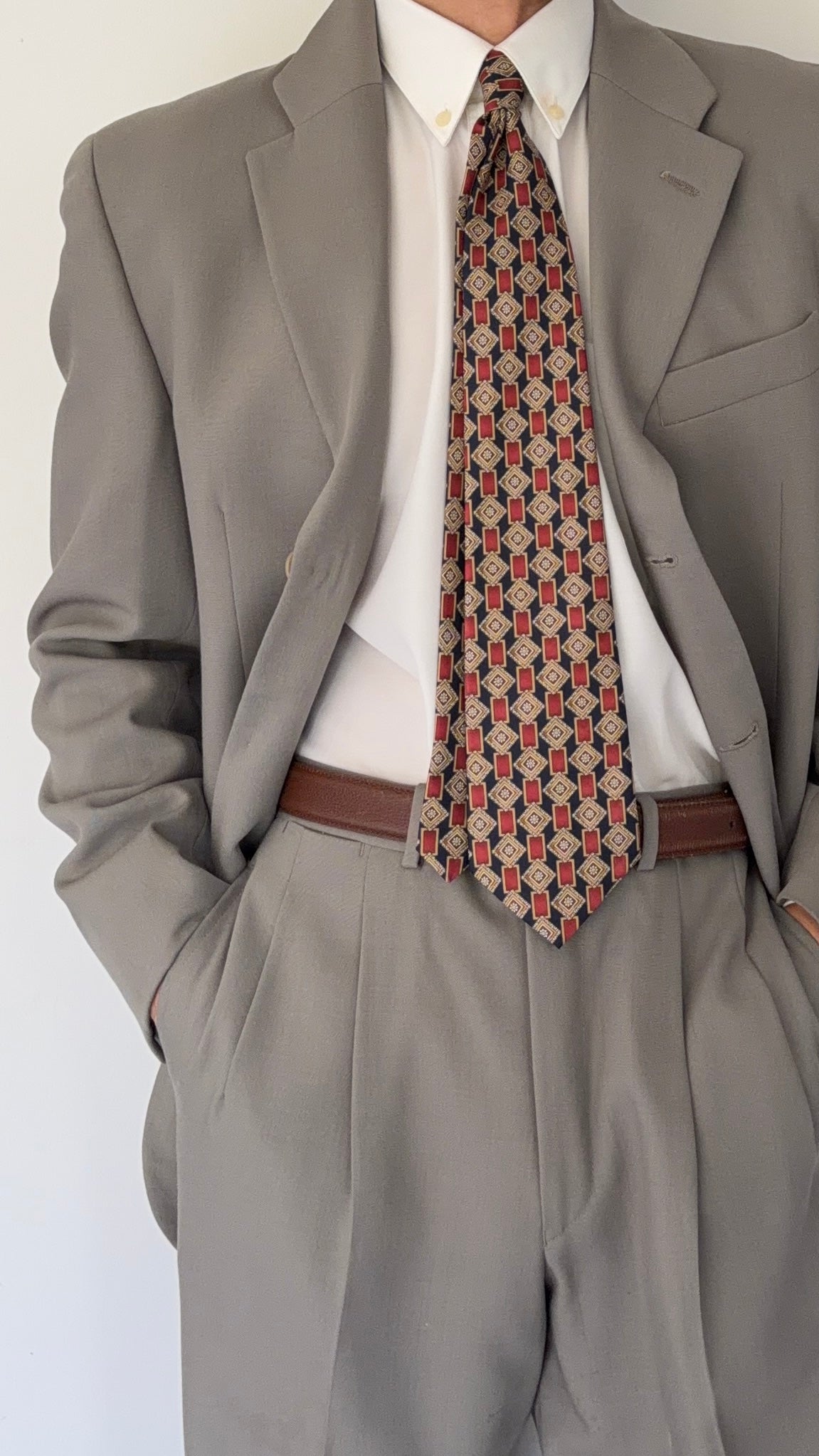 Emporio Armani 1990s 3B Draped Pleated Wool Suit Taupe Sage - Size S Jacket / 28" Waist
