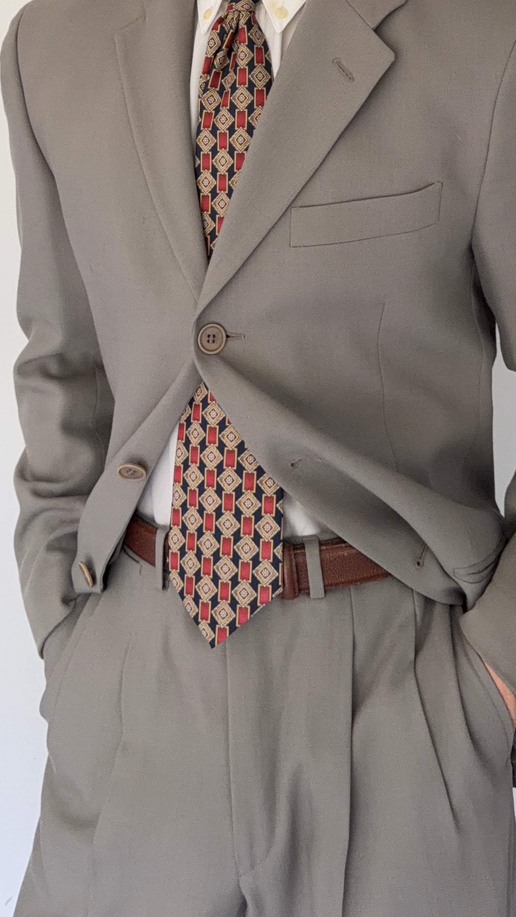 Emporio Armani 1990s 3B Draped Pleated Wool Suit Taupe Sage - Size S Jacket / 28" Waist