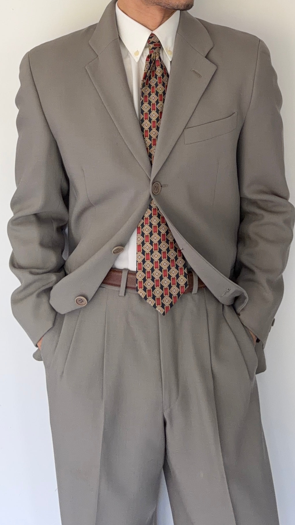 Emporio Armani 1990s 3B Draped Pleated Wool Suit Taupe Sage - Size S Jacket / 28" Waist