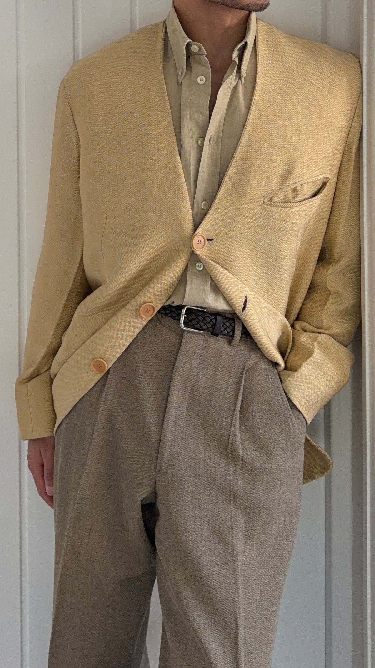 Giorgio Armani Black Label 1995 3B Viscose Collarless Draped Taupe Beige Jacket - Size L