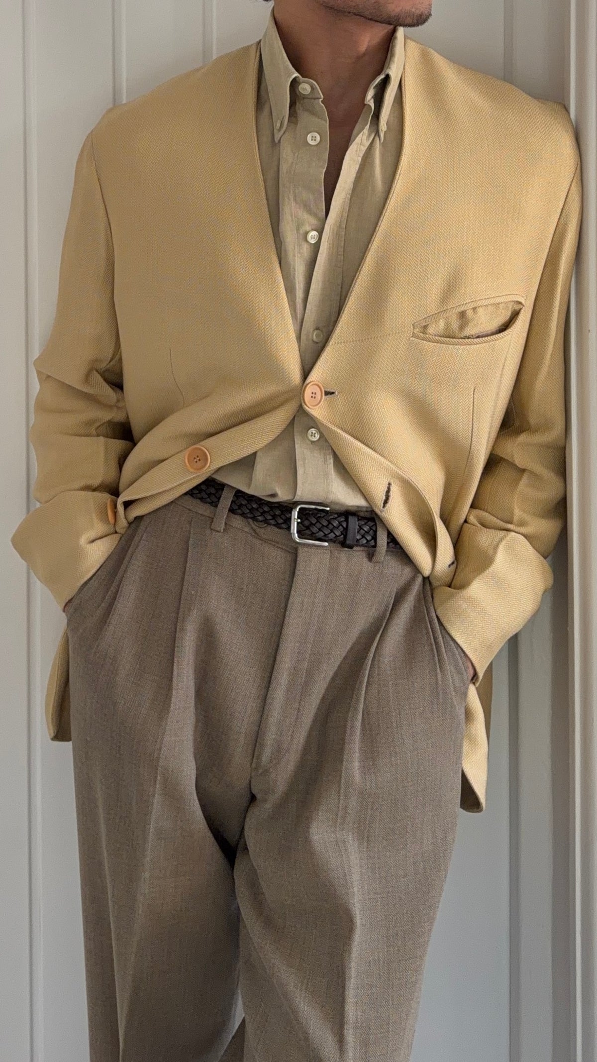 Giorgio Armani Black Label 1995 3B Viscose Collarless Draped Taupe Beige Jacket - Size L