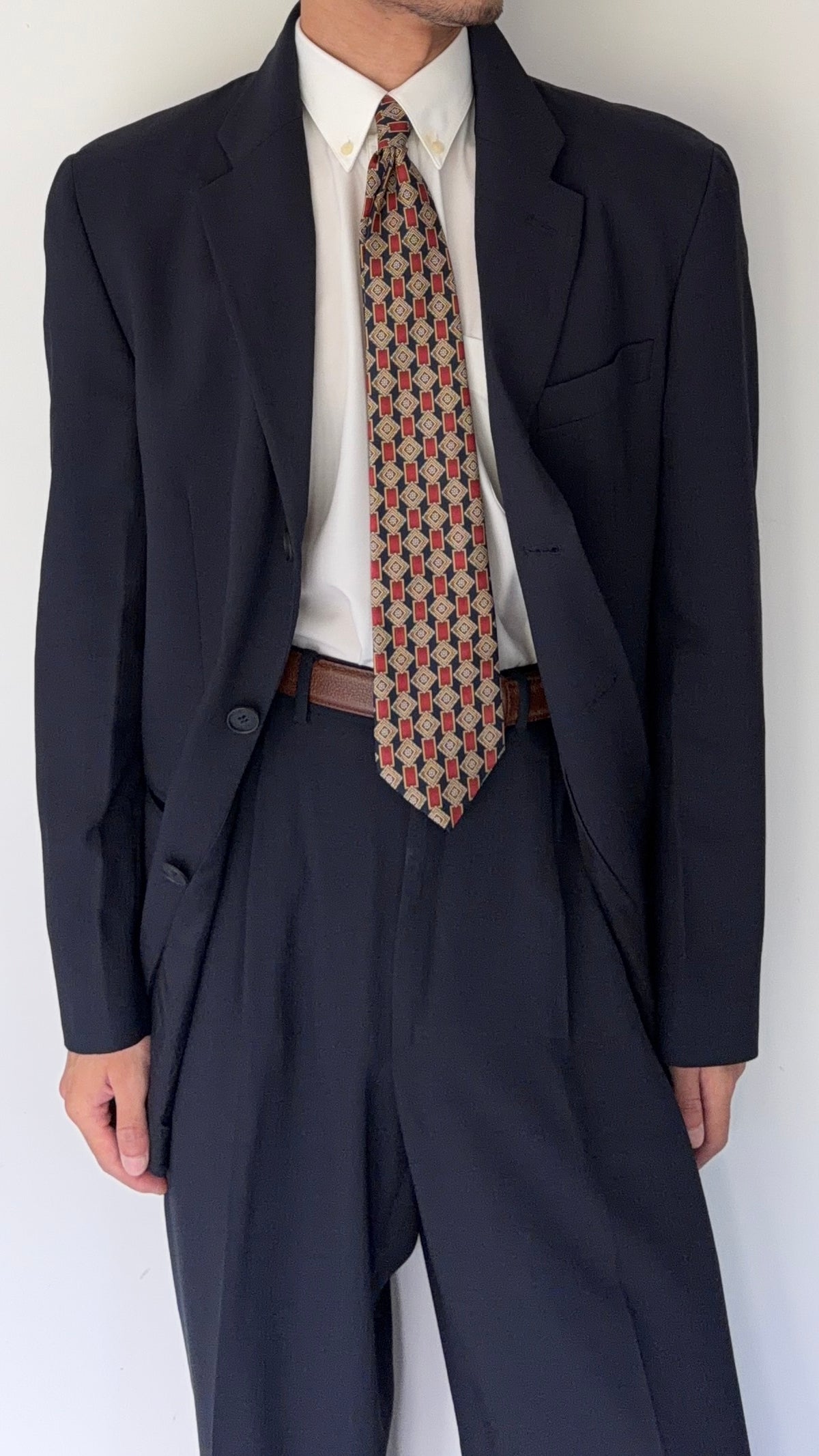 Emporio Armani 1990s 3B Ribbed Weave Draped Pleated Wool Suit Navy - Size L Jacket / 34" Waist
