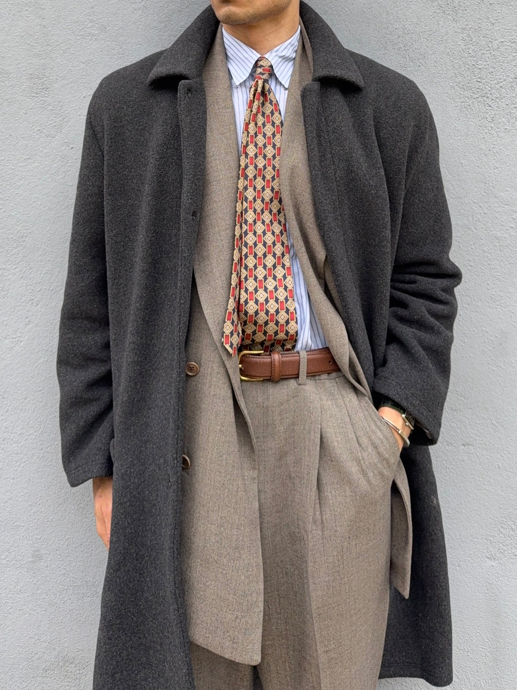 Giorgio Armani 1980s Felt Wool Snap Closure Charcoal Grey Overcoat - Size M