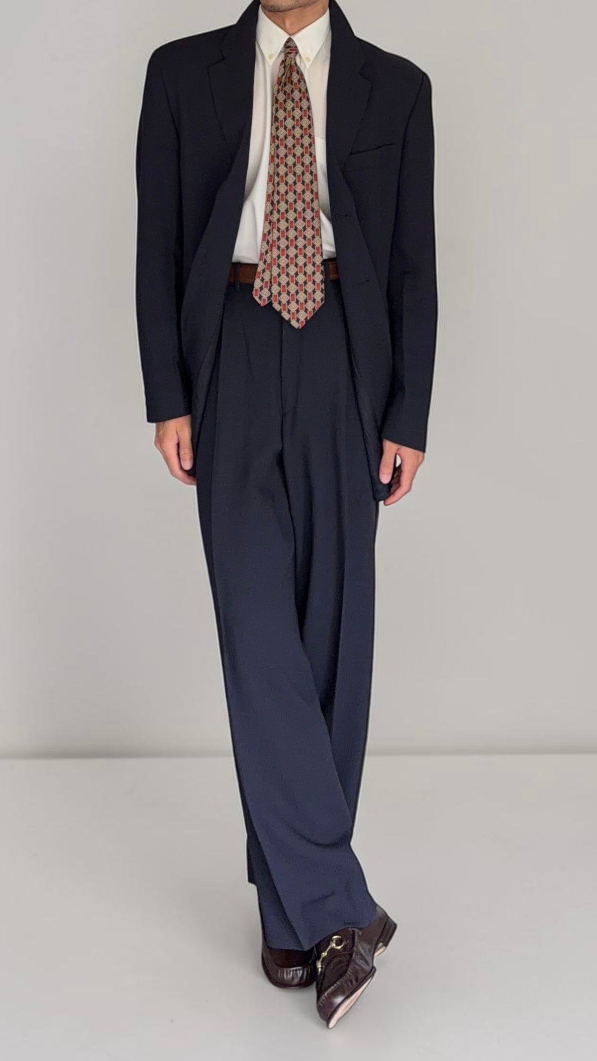 Emporio Armani 1990s 3B Ribbed Weave Draped Pleated Wool Suit Navy - Size L Jacket / 34" Waist