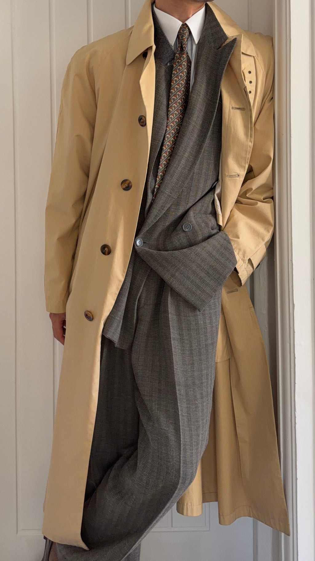 Giorgio Armani Black Label 1990s Long Cotton Belted Trench Coat Taupe Beige - Size L