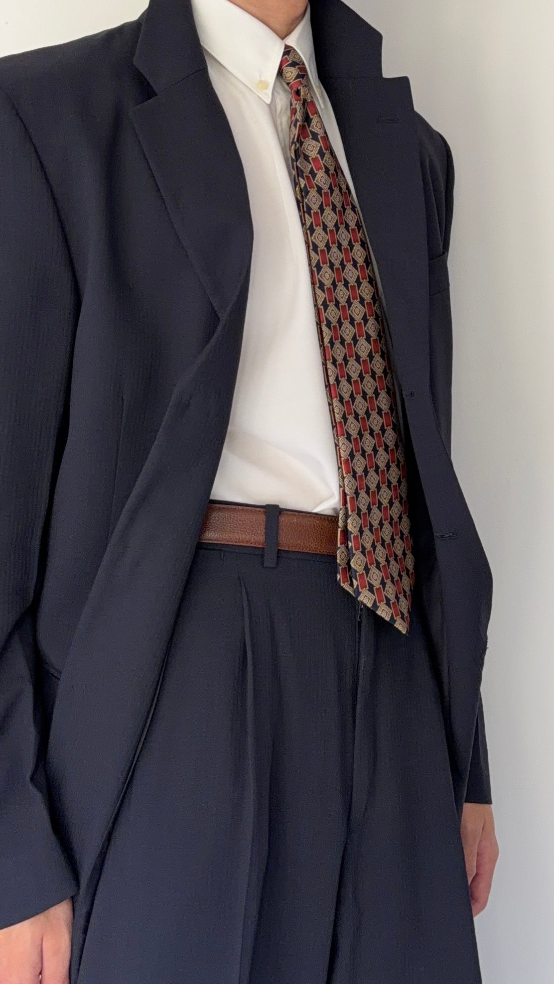 Emporio Armani 1990s 3B Ribbed Weave Draped Pleated Wool Suit Navy - Size L Jacket / 34" Waist