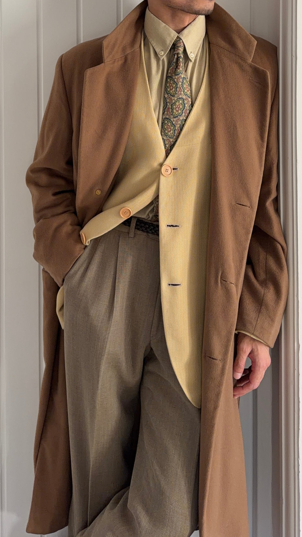 Giorgio Armani Black Label 1994 Cashmere Camel Brown Long Coat  - Size XL