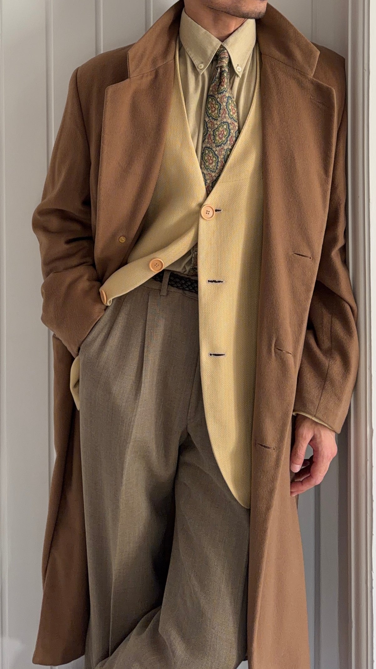 Giorgio Armani Black Label 1994 Cashmere Camel Brown Long Coat  - Size XL