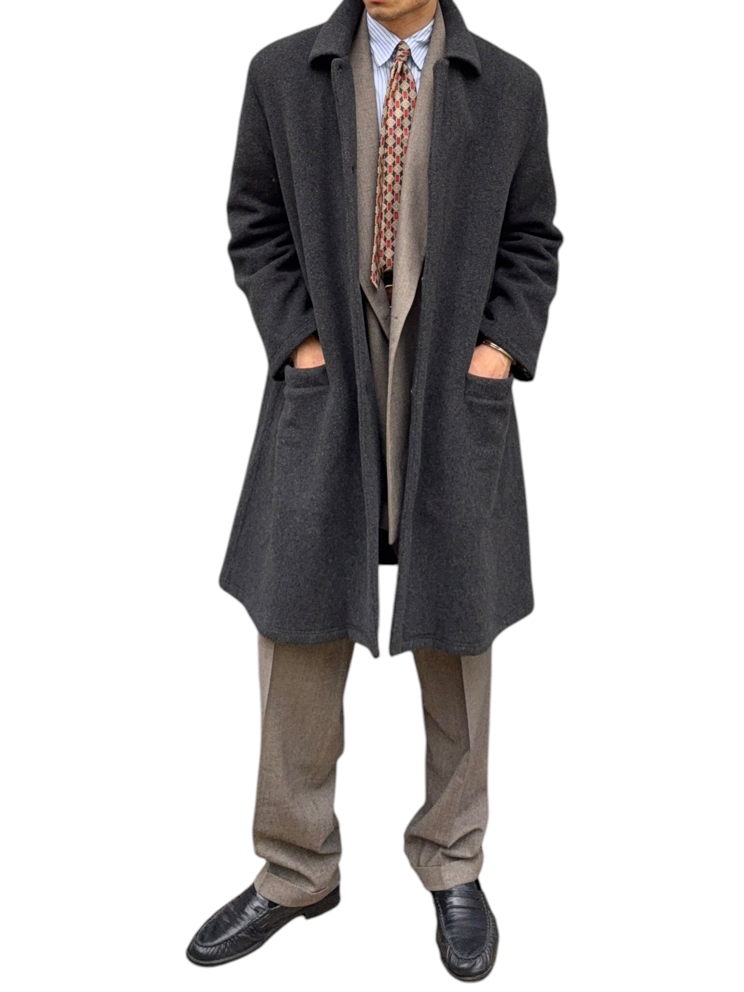 Giorgio Armani 1980s Felt Wool Snap Closure Charcoal Grey Overcoat