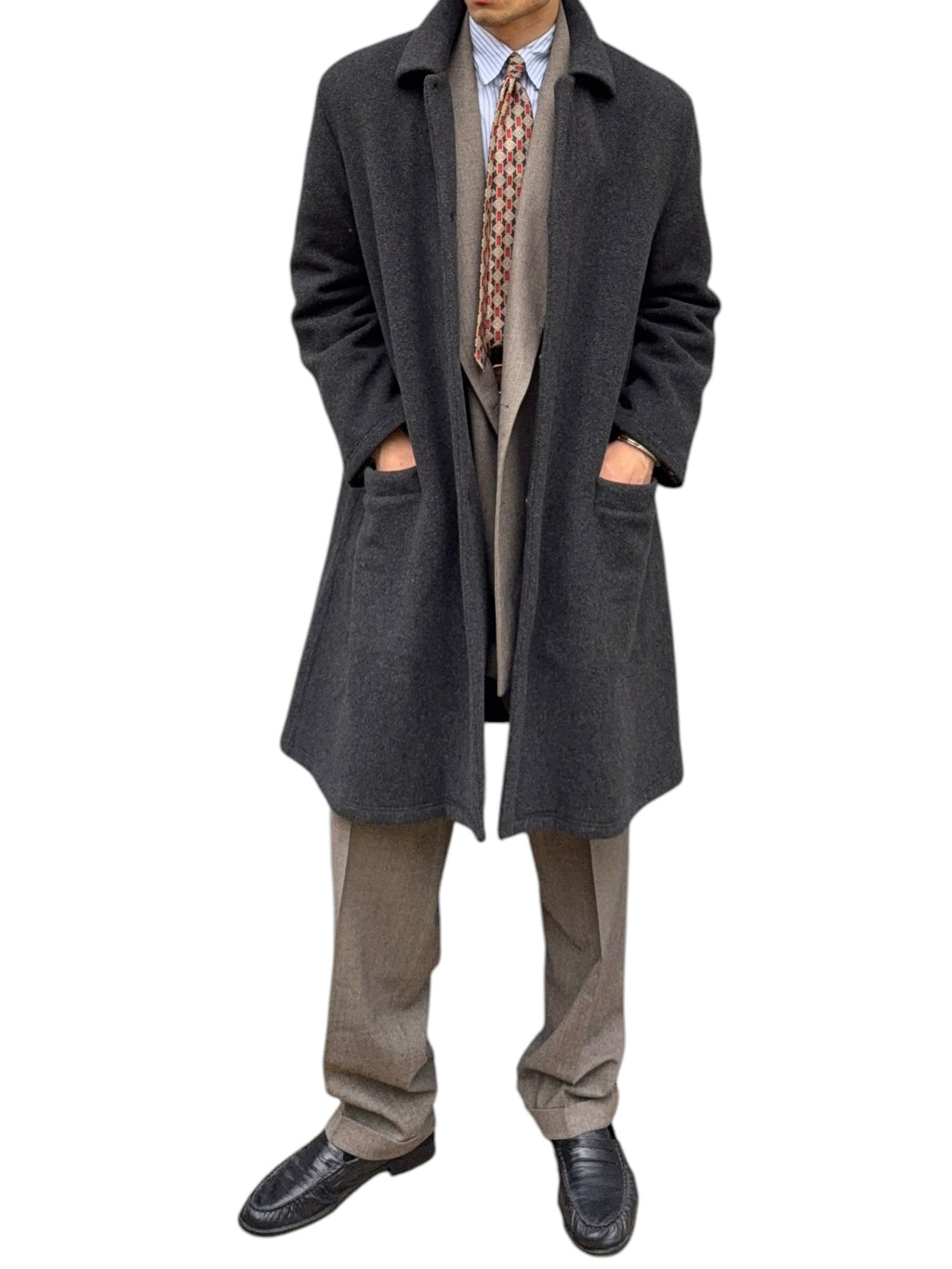 Giorgio Armani 1980s Felt Wool Snap Closure Charcoal Grey Overcoat - Size M