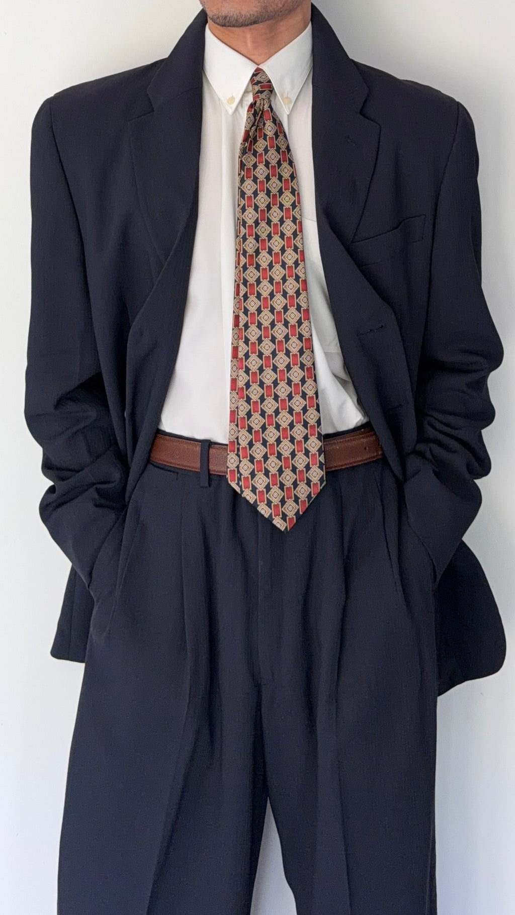 Emporio Armani 1990s 3B Ribbed Weave Draped Pleated Wool Suit Navy - Size L Jacket / 34" Waist