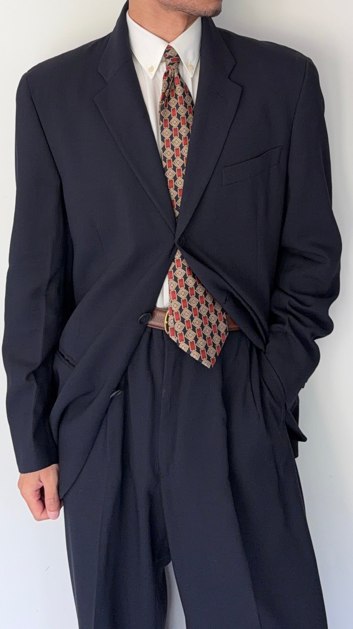 Emporio Armani 1990s 3B Ribbed Weave Draped Pleated Wool Suit Navy - Size L Jacket / 34" Waist
