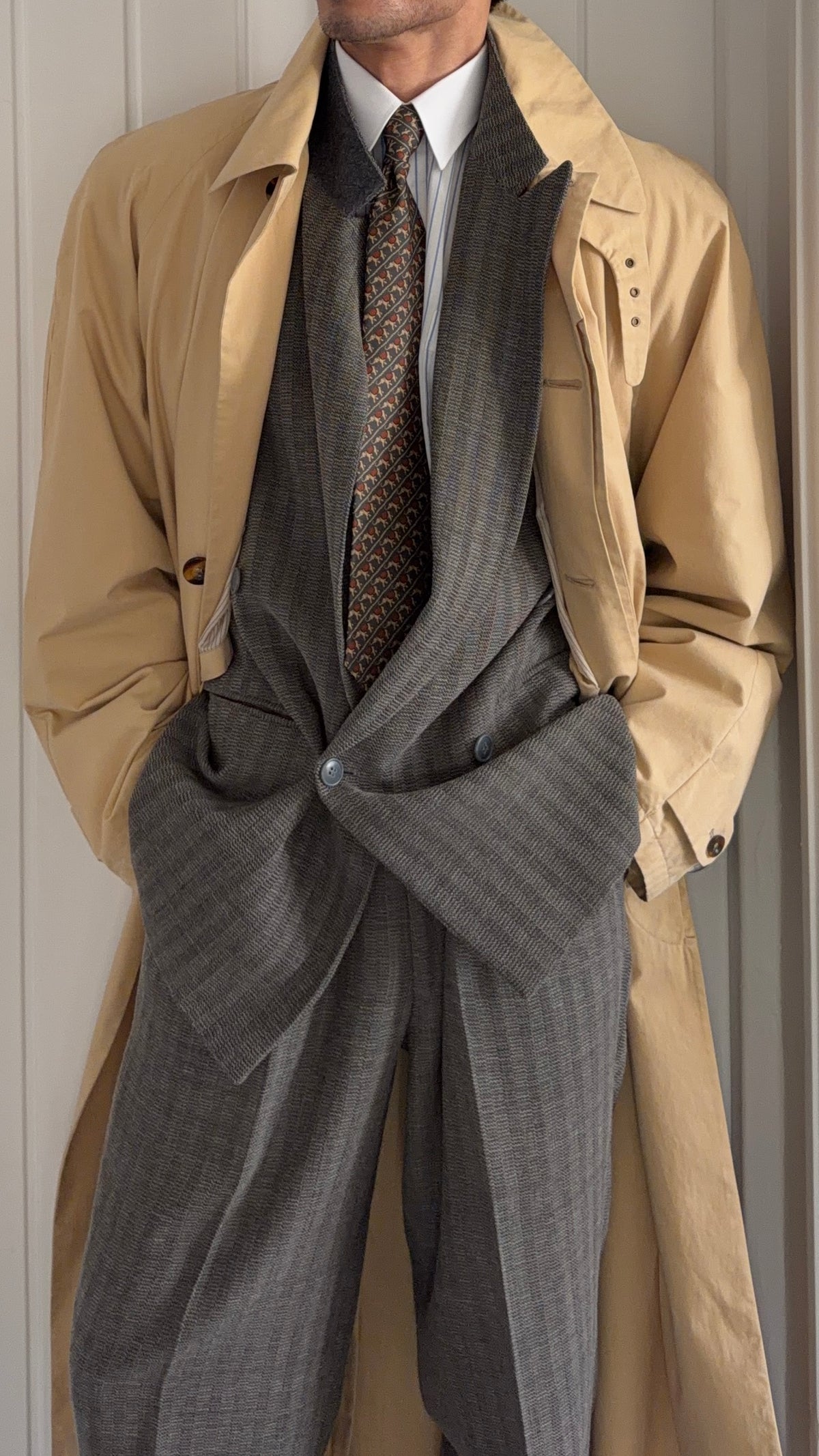 Giorgio Armani Black Label 1990s Long Cotton Belted Trench Coat Taupe Beige - Size L
