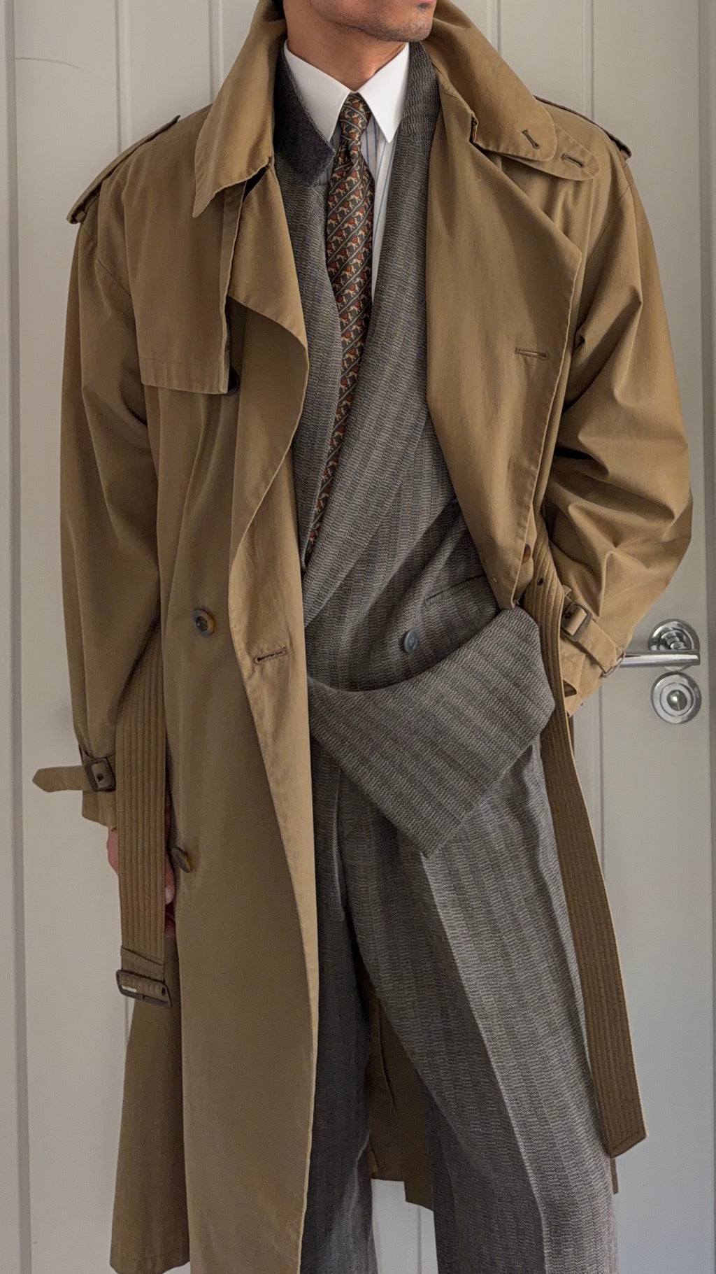 Giorgio Armani 1980s Cotton Belted Military Trench Coat Taupe Brown - Size M
