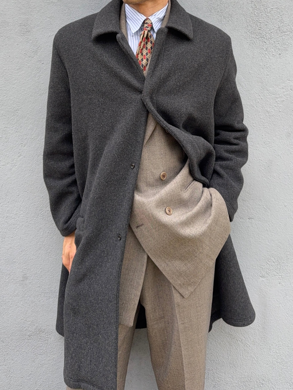 Giorgio Armani 1980s Felt Wool Snap Closure Charcoal Grey Overcoat - Size M