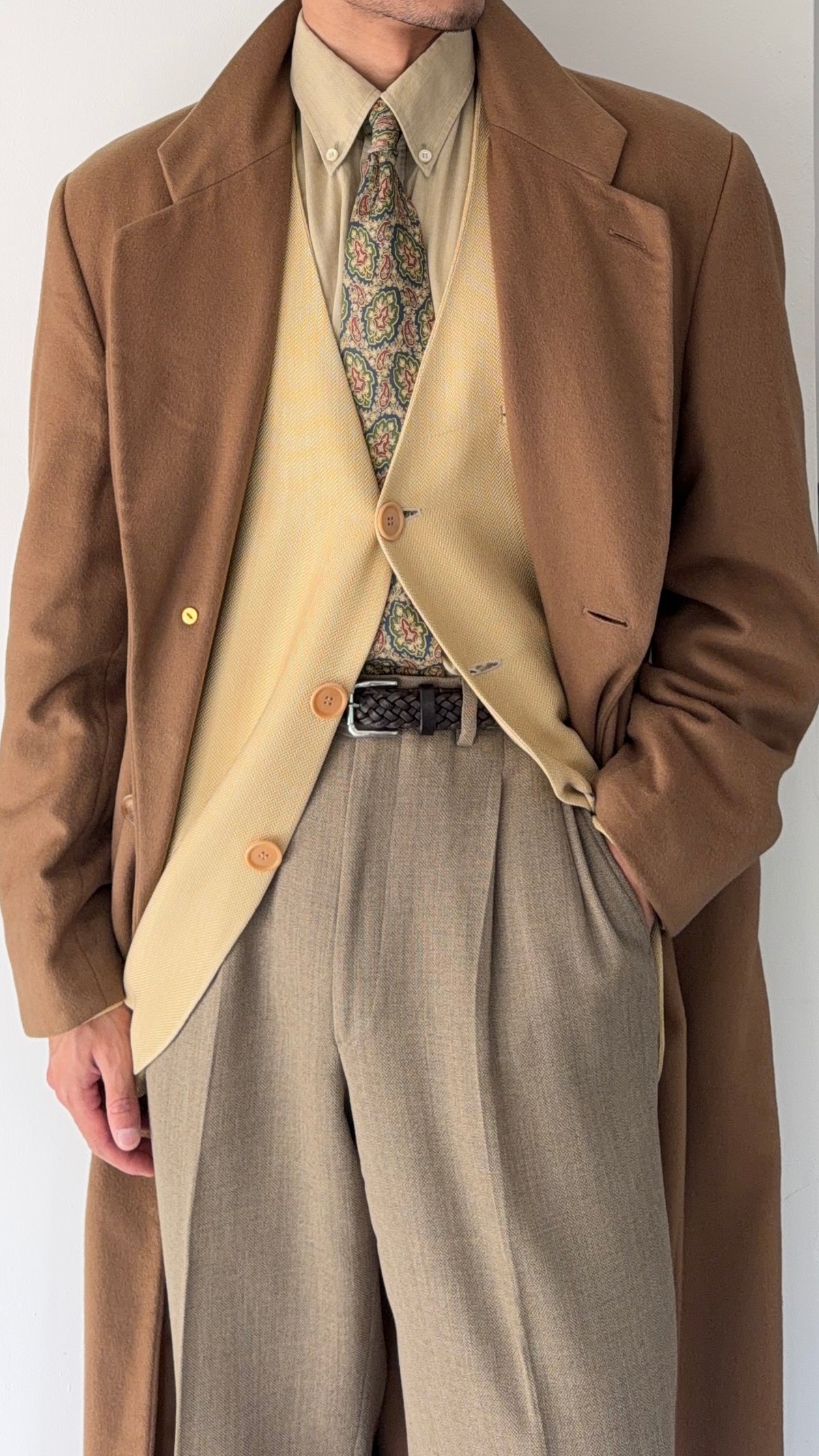 Giorgio Armani Black Label 1995 3B Viscose Collarless Draped Taupe Beige Jacket - Size L