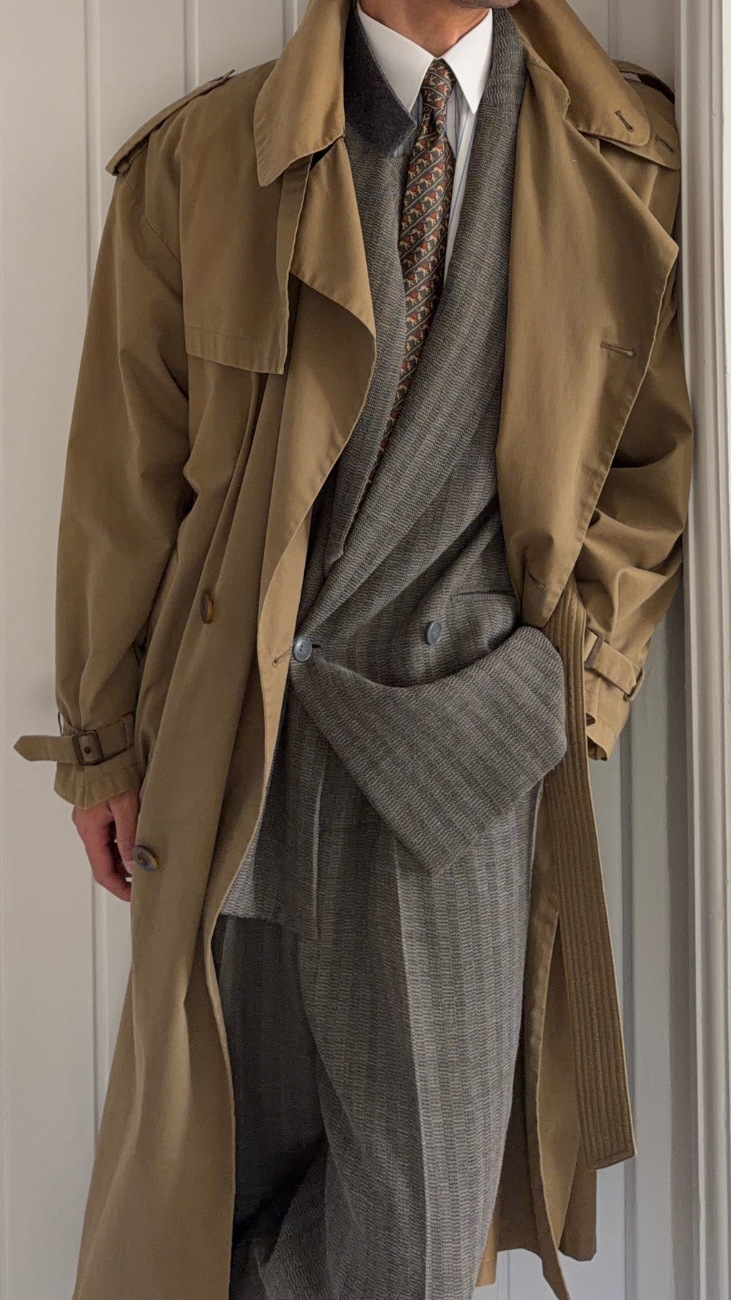 Giorgio Armani 1980s Cotton Belted Military Trench Coat Taupe Brown - Size M