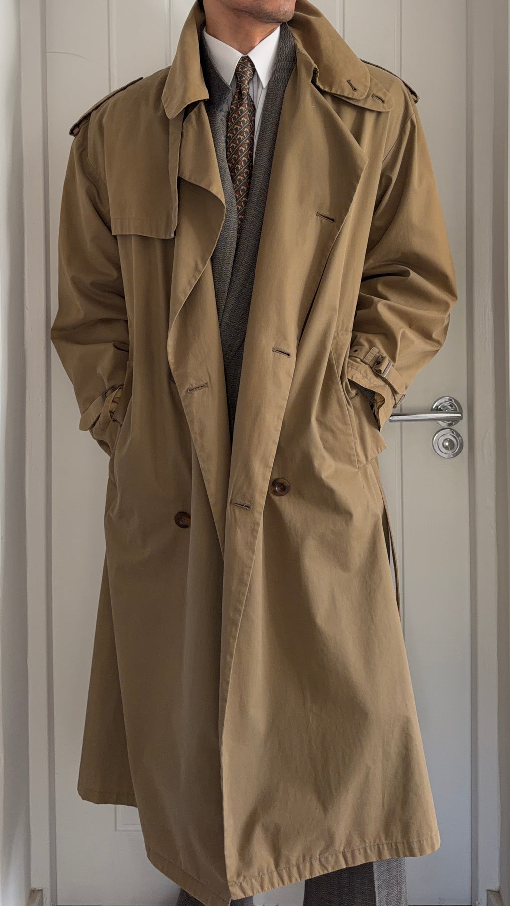 Giorgio Armani 1980s Cotton Belted Military Trench Coat Taupe Brown - Size M