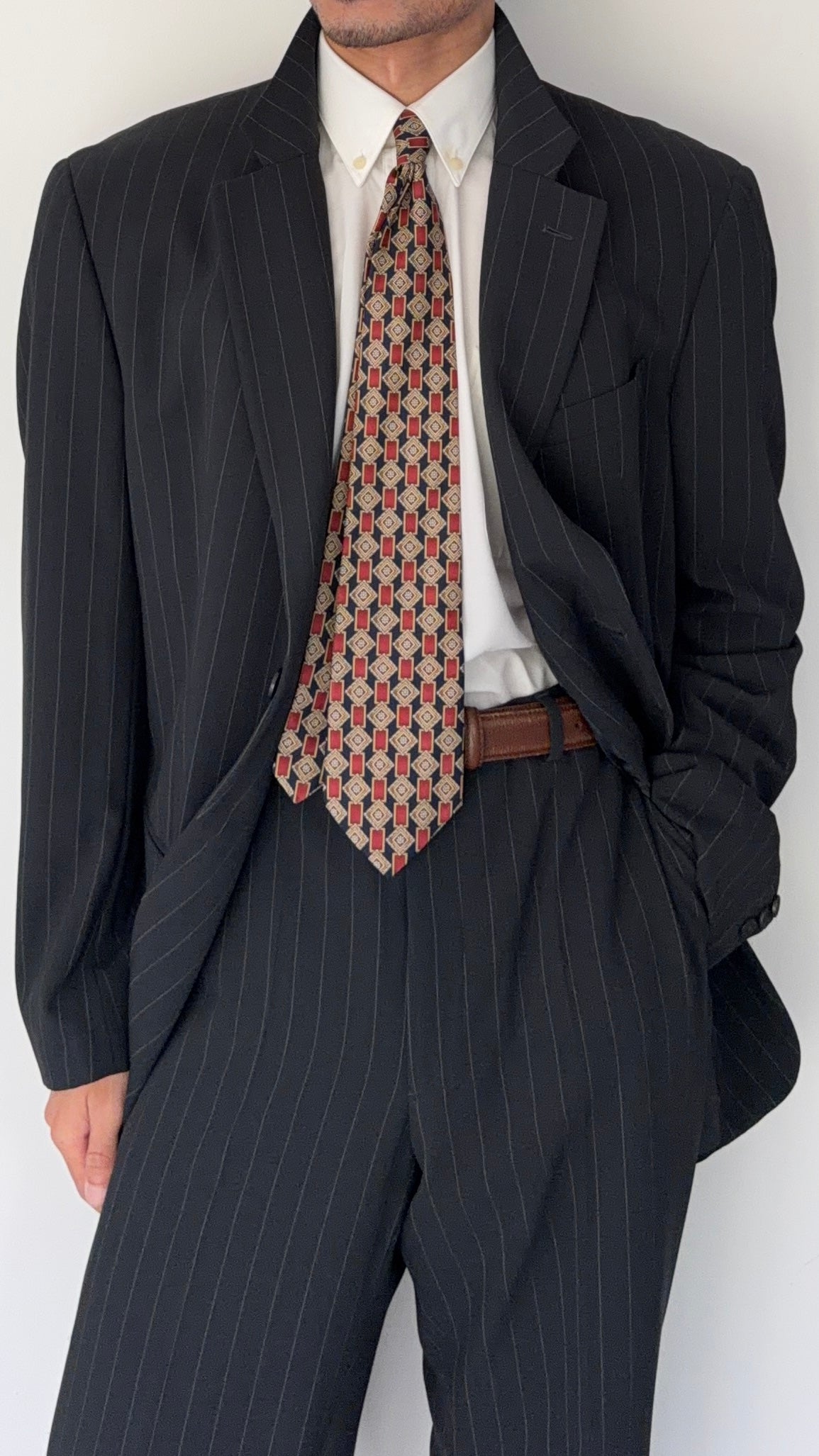 Armani 1990s 2B Draped Pinstriped Wool Suit Black - Size XXL Jacket / 38" Waist