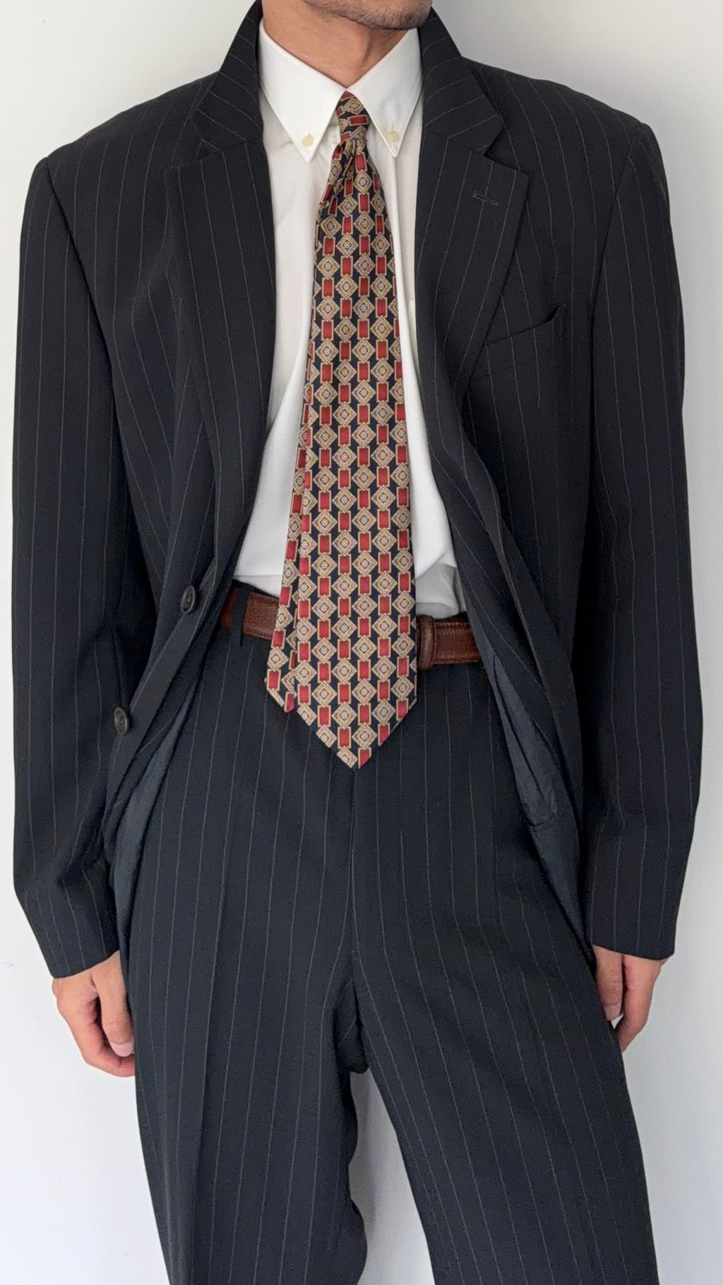 Armani 1990s 2B Draped Pinstriped Wool Suit Black - Size XXL Jacket / 38" Waist