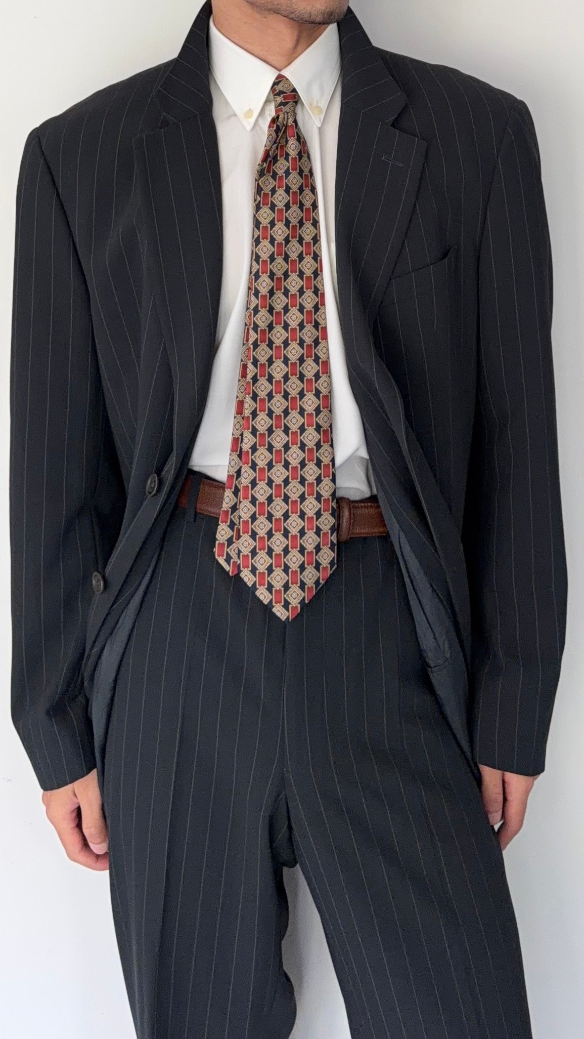 Armani 1990s 2B Draped Pinstriped Wool Suit Black - Size XXL Jacket / 38" Waist