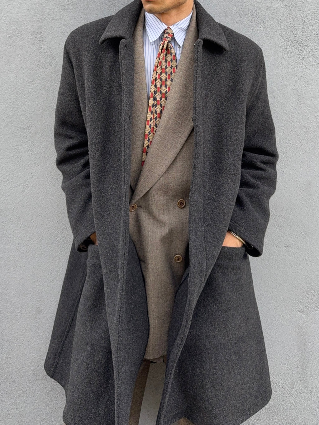 Giorgio Armani 1980s Felt Wool Snap Closure Charcoal Grey Overcoat - Size M