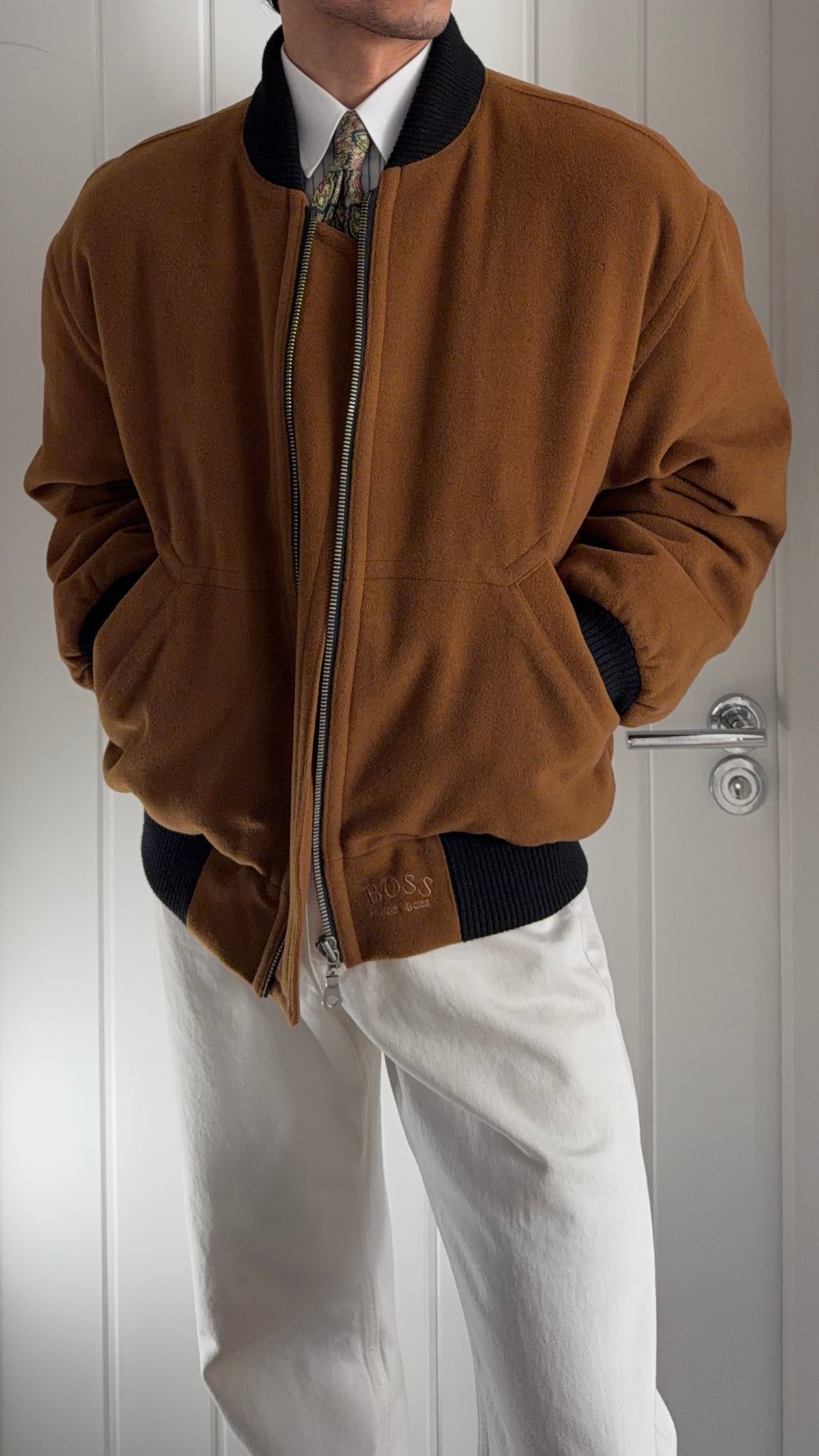Hugo Boss 1980s Wool Cashmere Camel Brown Bomber Jacket - Size L