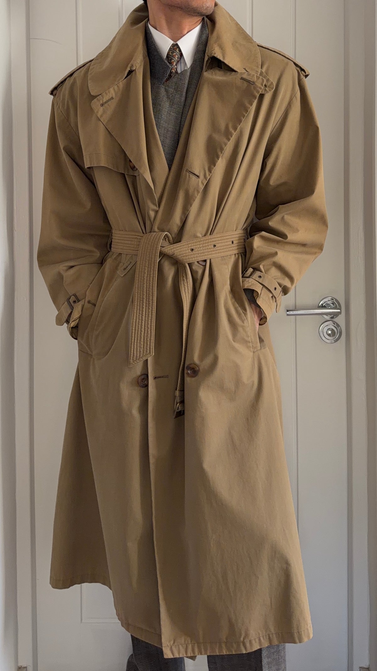Giorgio Armani 1980s Cotton Belted Military Trench Coat Taupe Brown - Size M