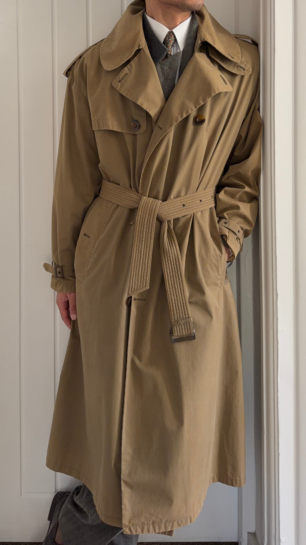 Giorgio Armani 1980s Cotton Belted Military Trench Coat Taupe Brown - Size M