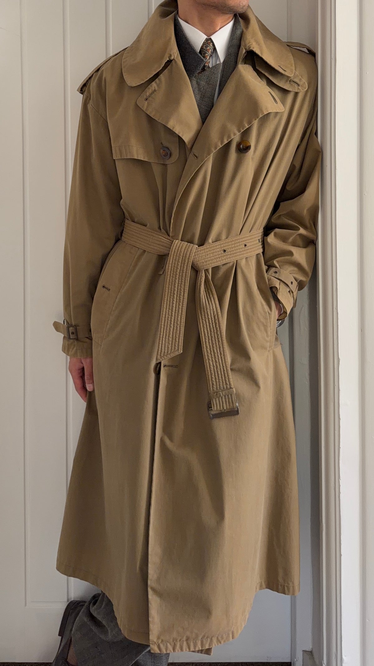 Giorgio Armani 1980s Cotton Belted Military Trench Coat Taupe Brown - Size M