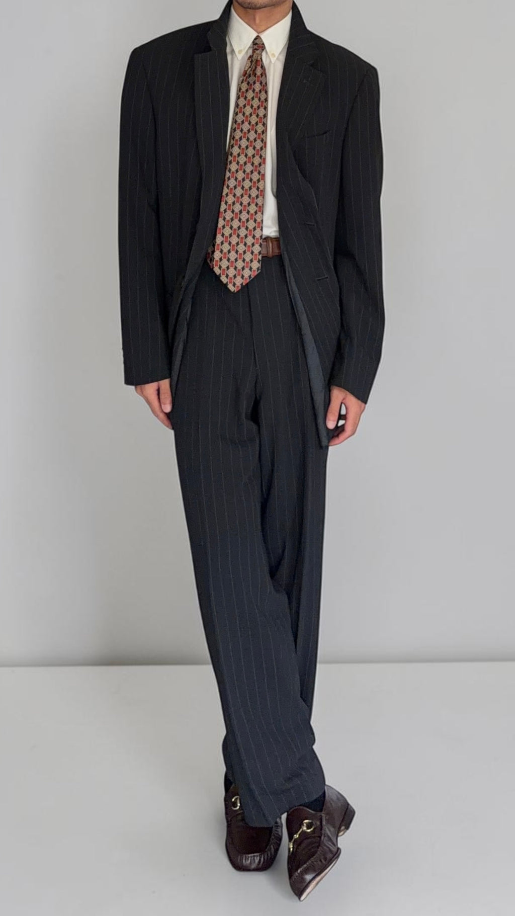 Armani 1990s 2B Draped Pinstriped Wool Suit Black - Size XXL Jacket / 38" Waist