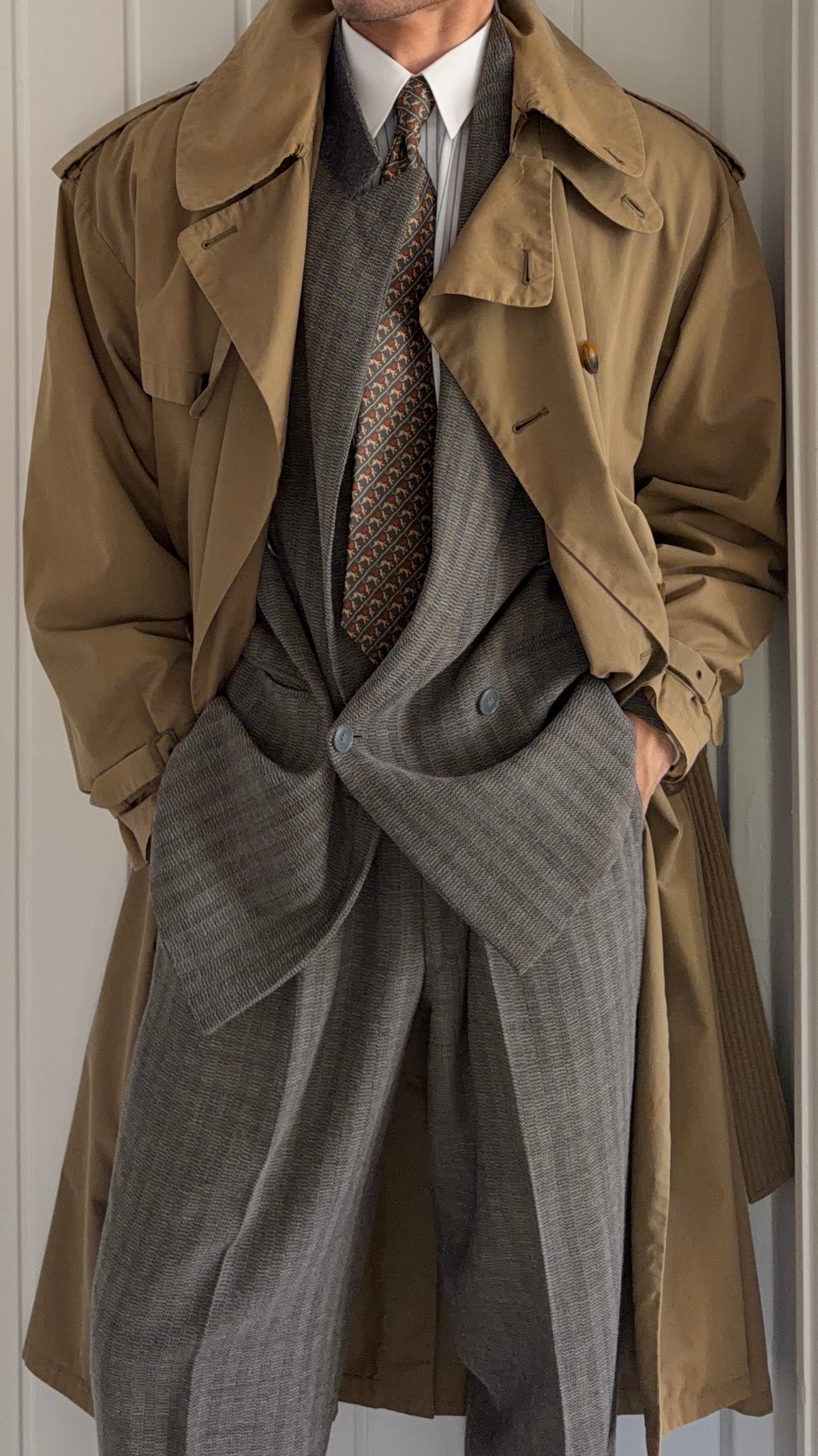 Giorgio Armani 1980s Cotton Belted Military Trench Coat Taupe Brown - Size M