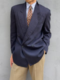 Valentino 1980s Peaked Lapel Double Breasted Textured Wool Sports Blazer Jacket Blue - Size M